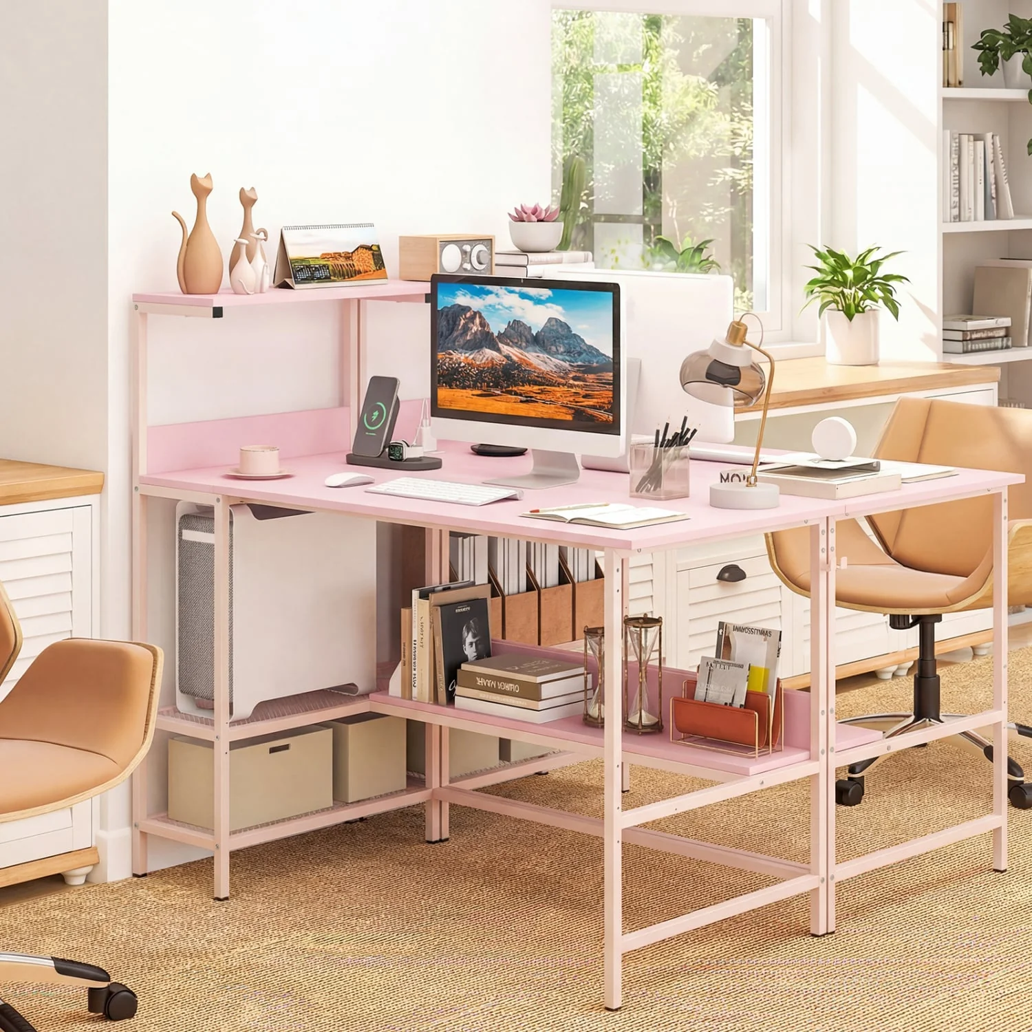 48 Inch Computer Desk With Power Outlets, Storage Shelves, Pink - Image 2