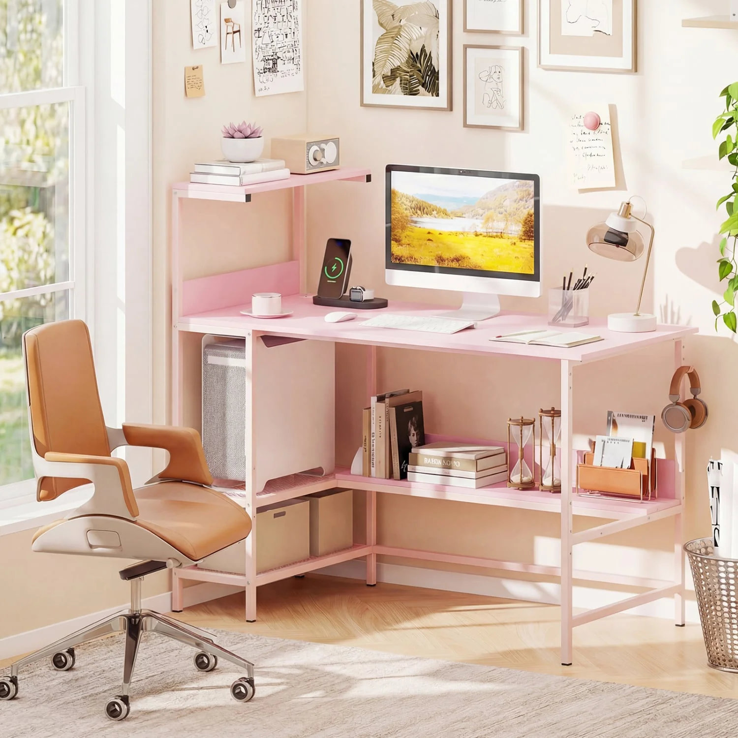 48 Inch Computer Desk With Power Outlets, Storage Shelves, Pink - Image 3