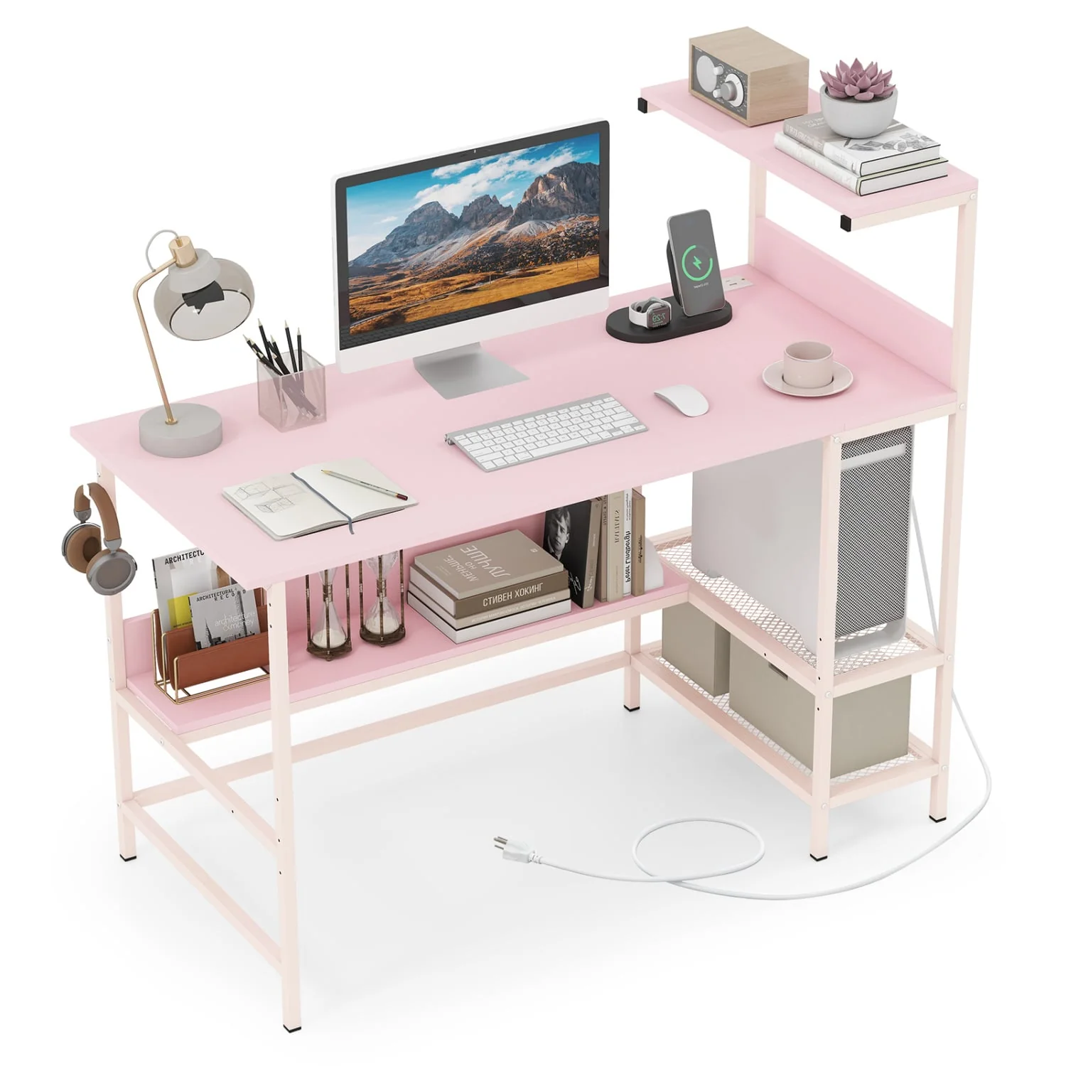 48 Inch Computer Desk With Power Outlets, Storage Shelves, Pink - Image 4