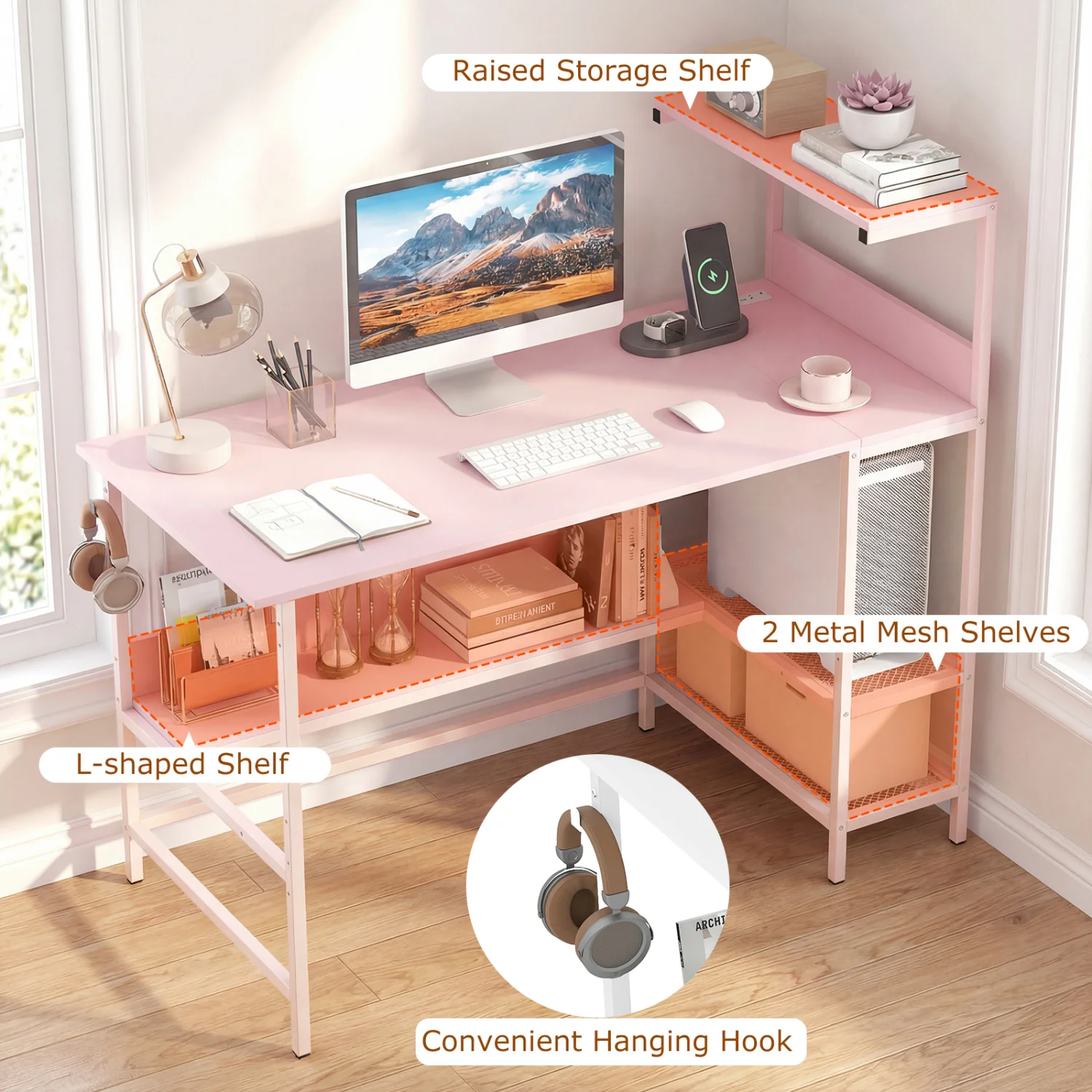 48 Inch Computer Desk With Power Outlets, Storage Shelves, Pink - Image 7