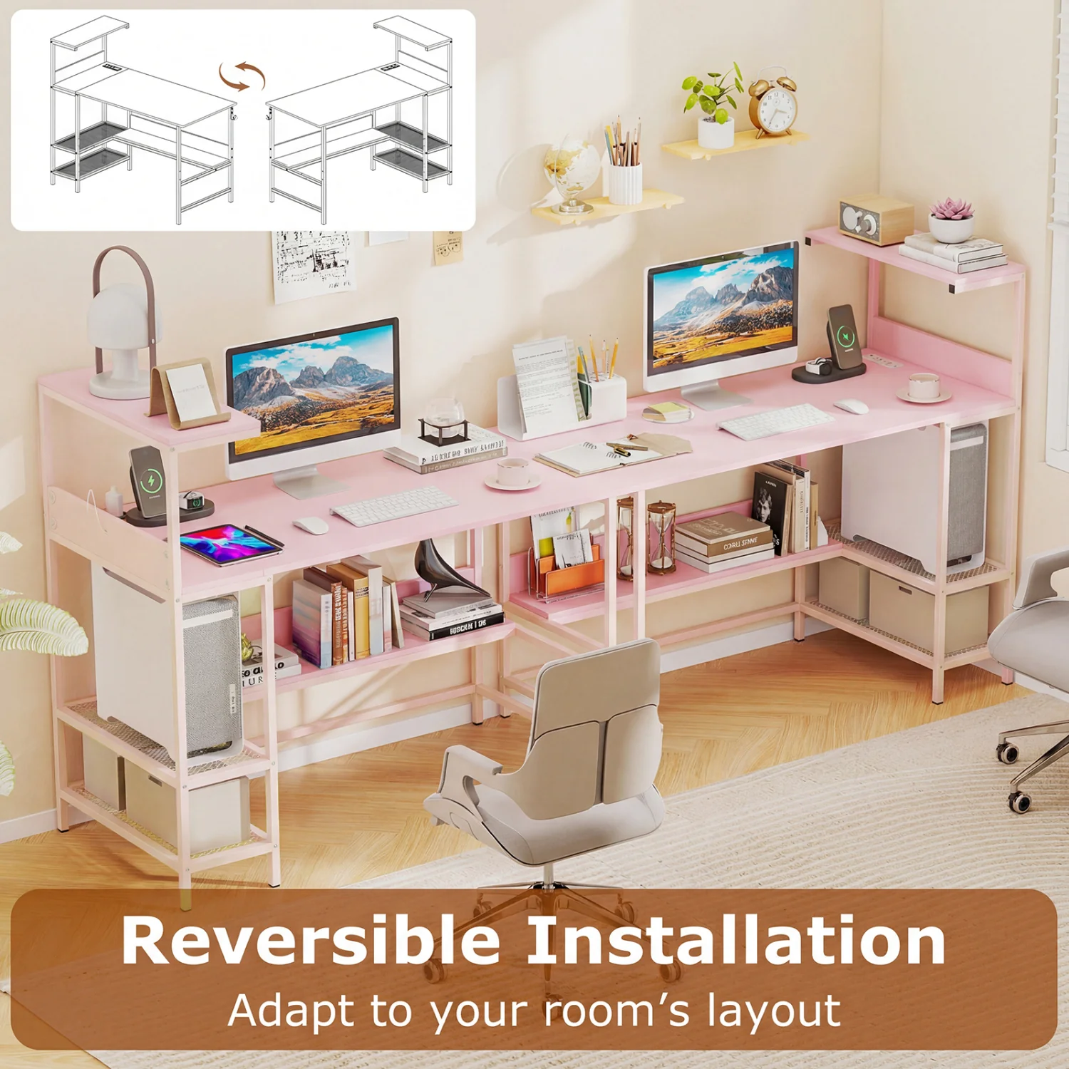 48 Inch Computer Desk With Power Outlets, Storage Shelves, Pink - Image 9