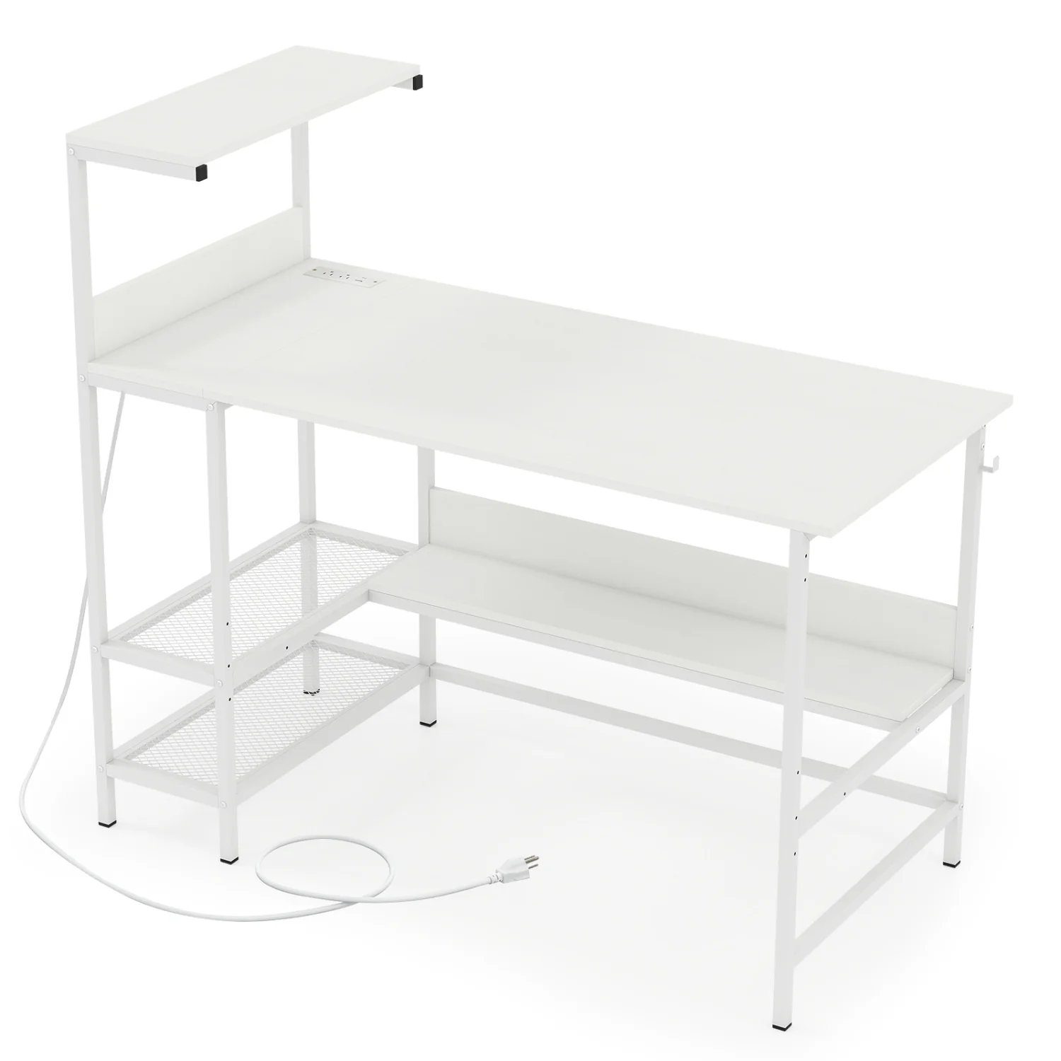48 Inch Computer Desk With Power Outlets, Storage Shelves, White