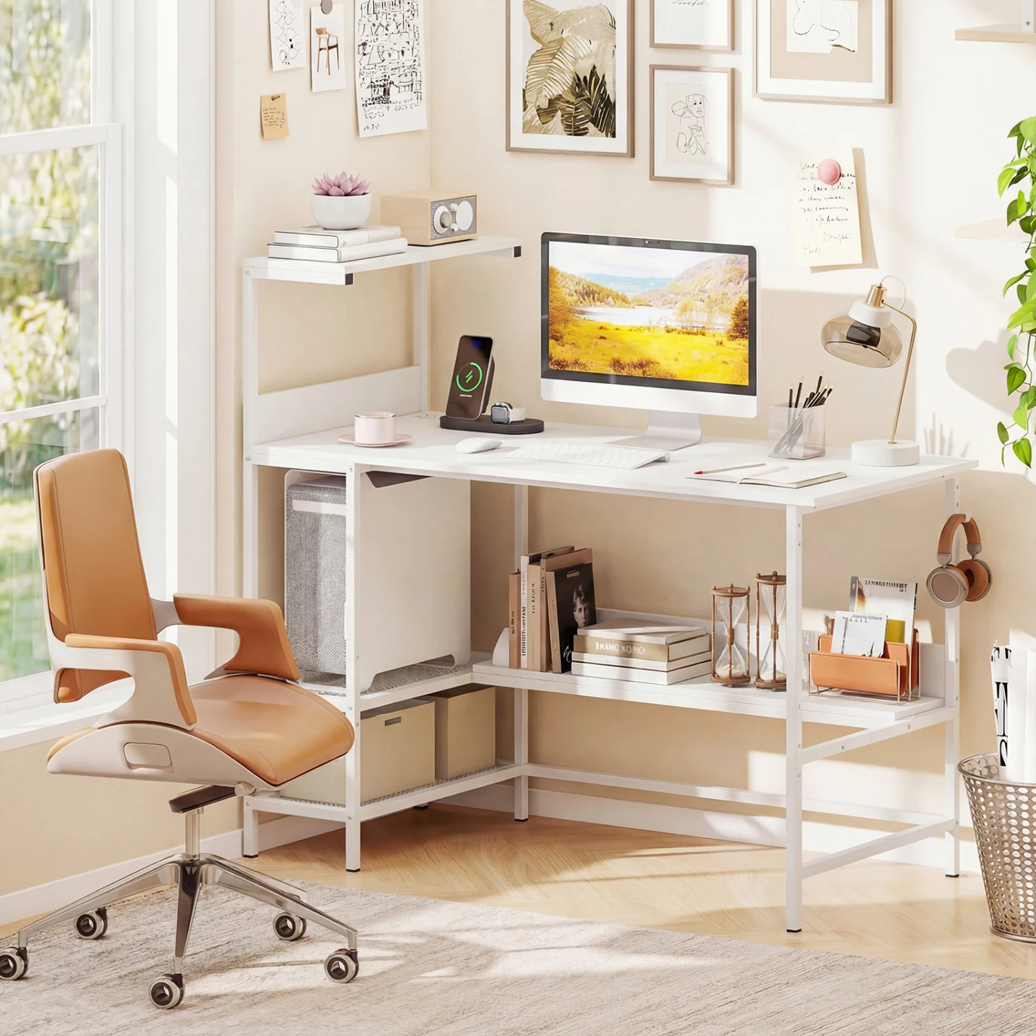 48 Inch Computer Desk With Power Outlets, Storage Shelves, White - Image 2
