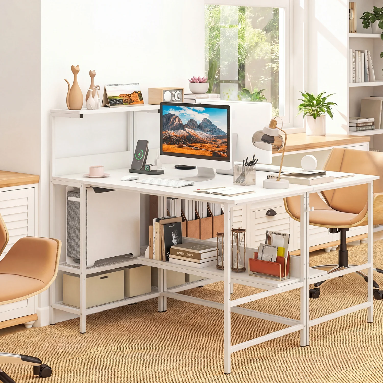 48 Inch Computer Desk With Power Outlets, Storage Shelves, White - Image 3