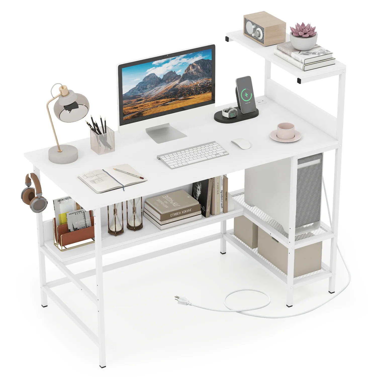 48 Inch Computer Desk With Power Outlets, Storage Shelves, White - Image 5