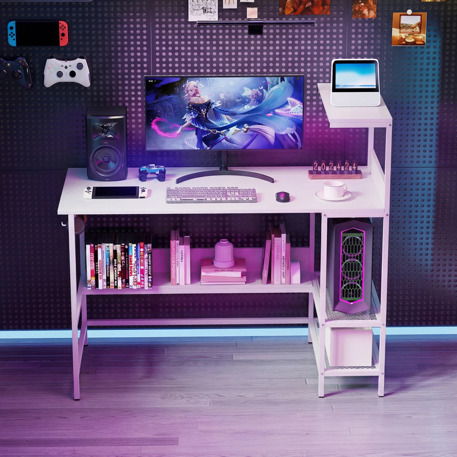 48 Inch Computer Desk With Power Outlets, Storage Shelves, White - Image 8
