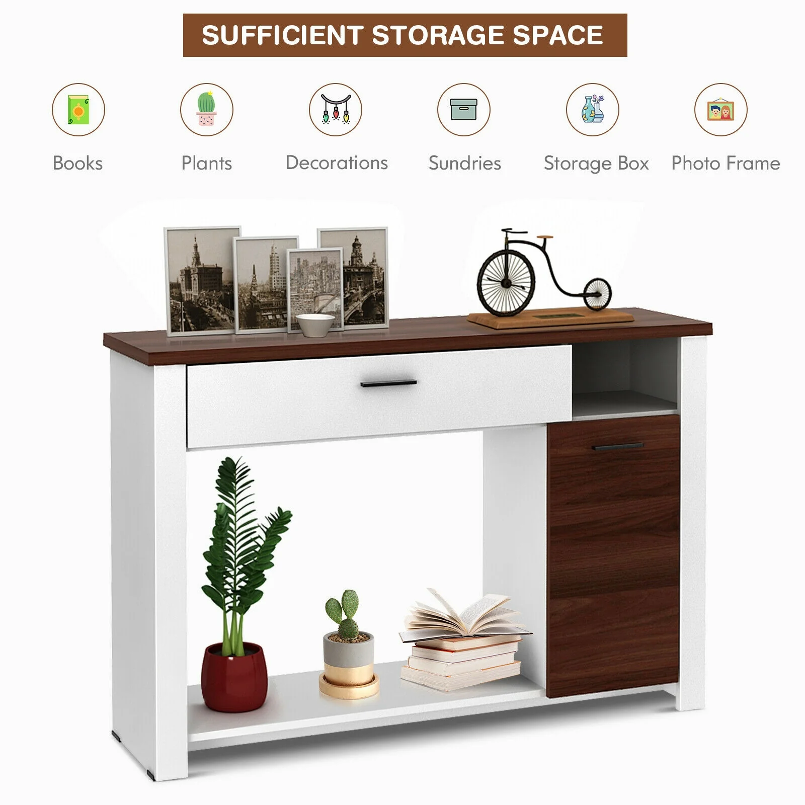 48 Inch Console Table, With Drawer And Cabinet, Brown White - Image 10