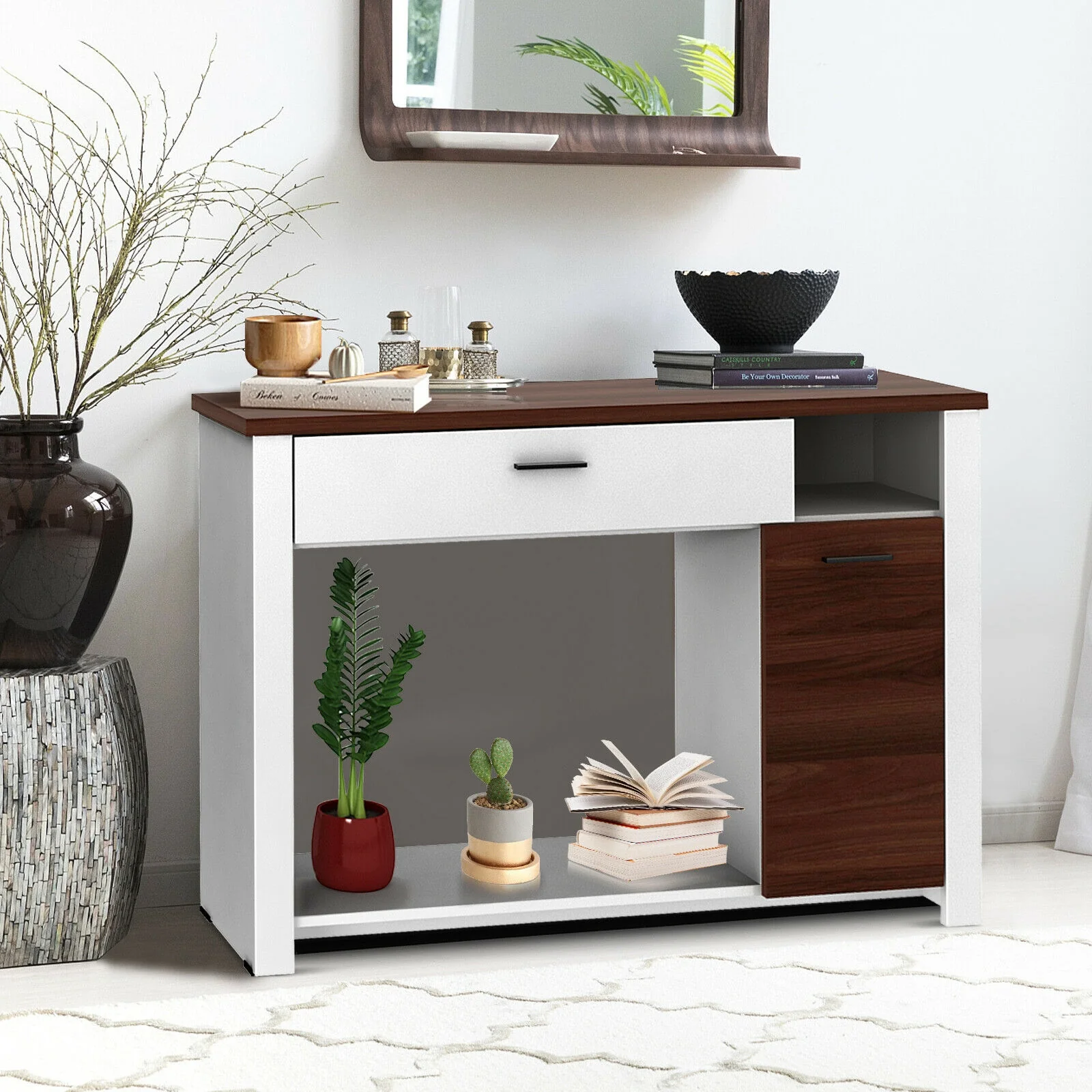 48 Inch Console Table, With Drawer And Cabinet, Brown White - Image 2