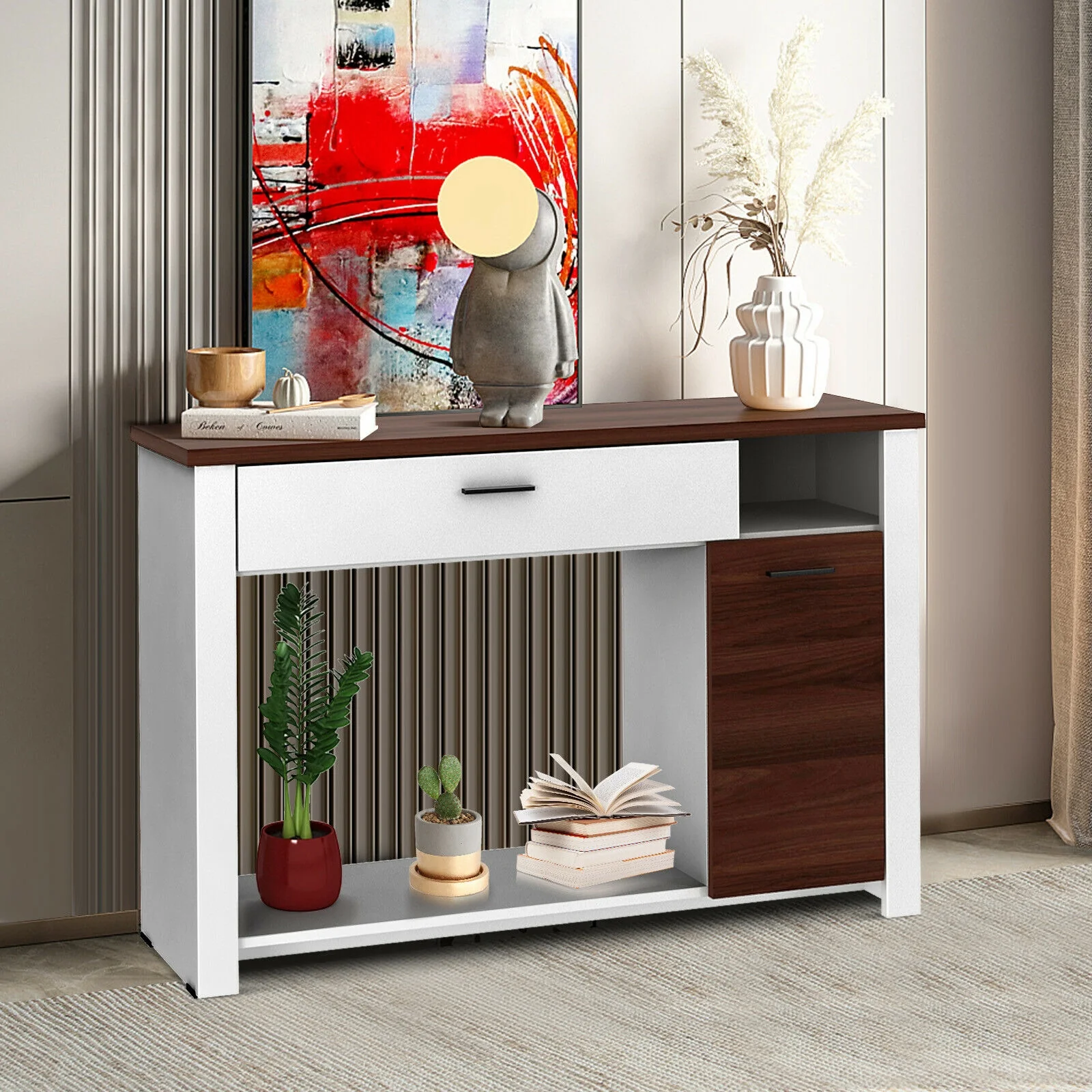 48 Inch Console Table, With Drawer And Cabinet, Brown White - Image 3