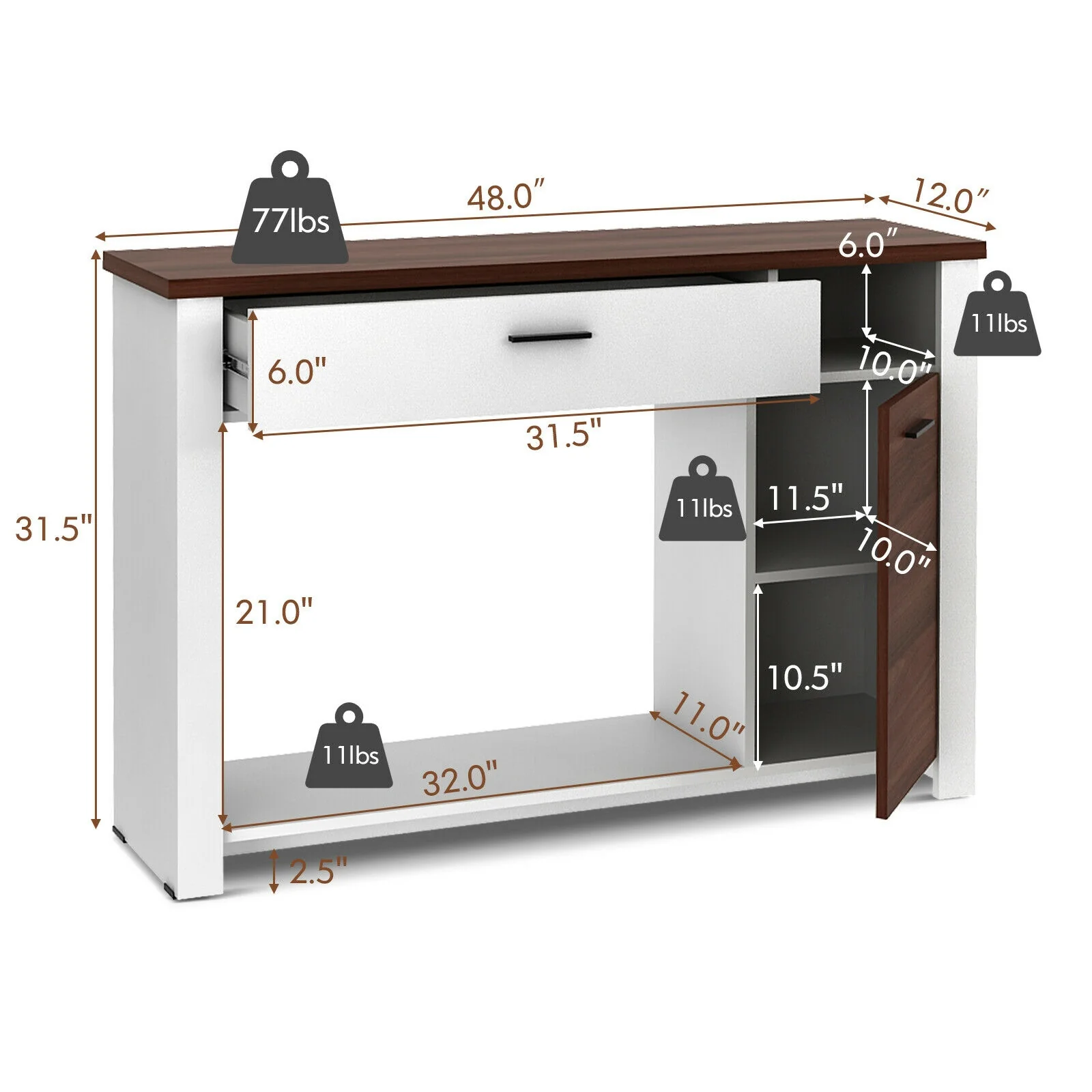 48 Inch Console Table, With Drawer And Cabinet, Brown White - Image 6