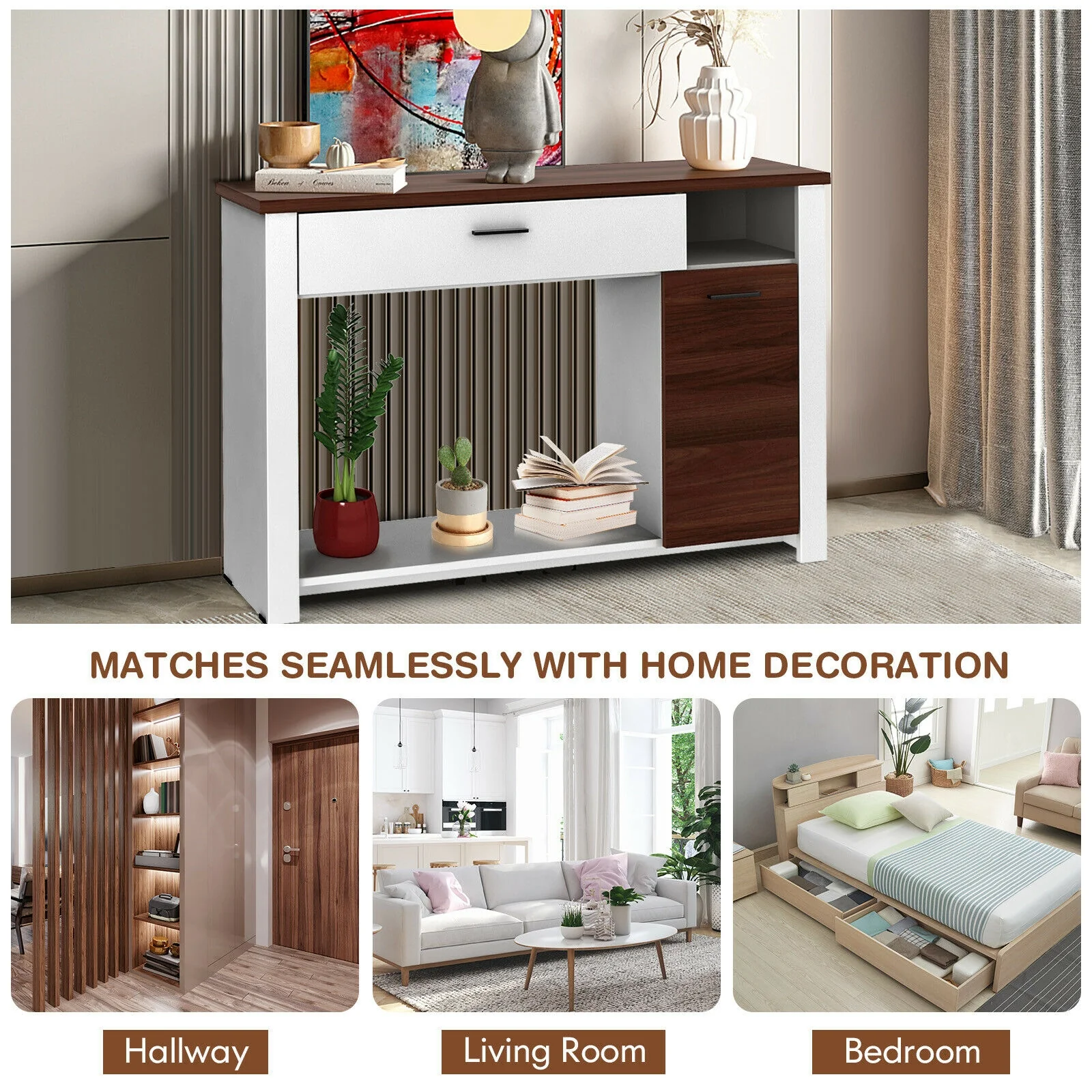 48 Inch Console Table, With Drawer And Cabinet, Brown White - Image 8