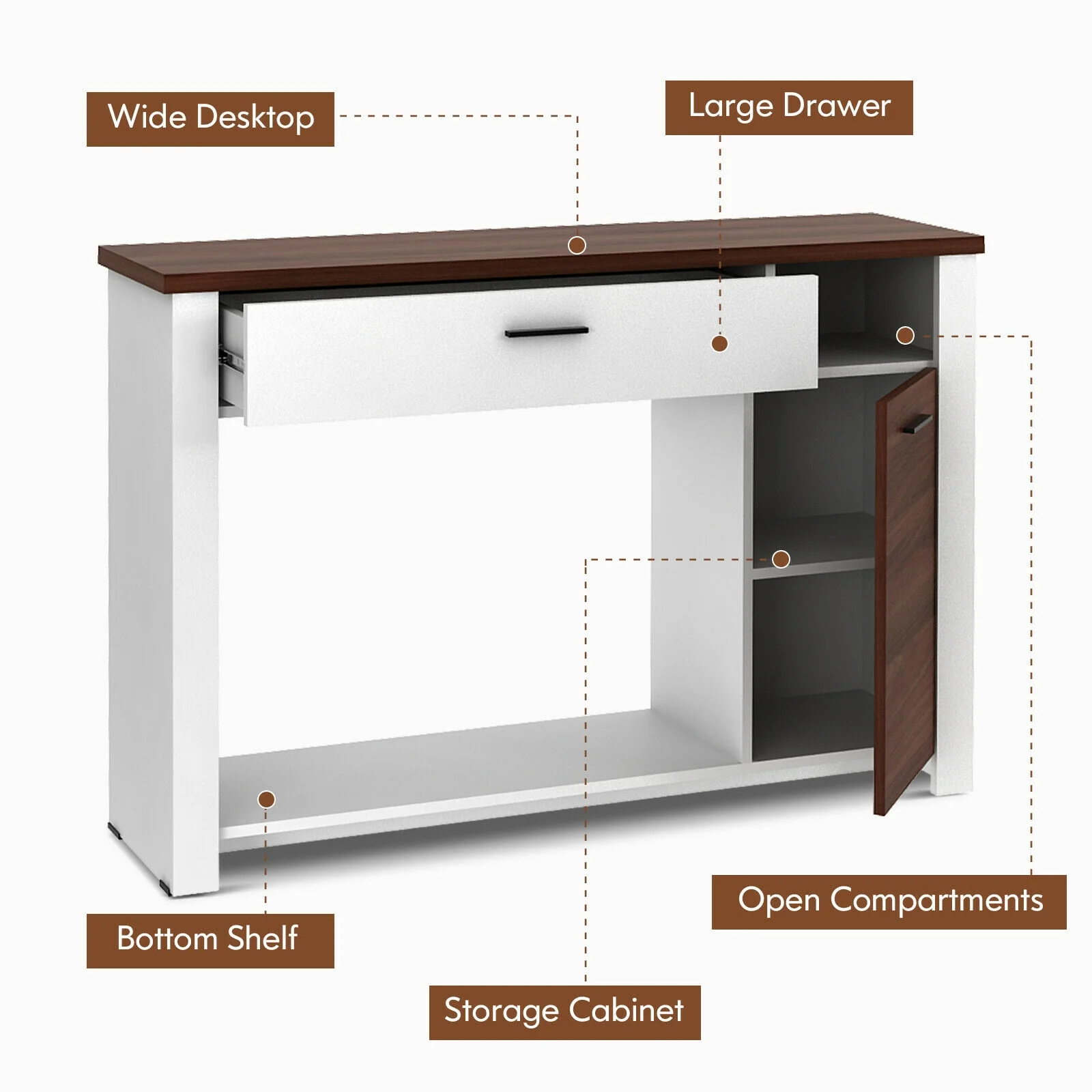 48 Inch Console Table, With Drawer And Cabinet, Brown White - Image 9
