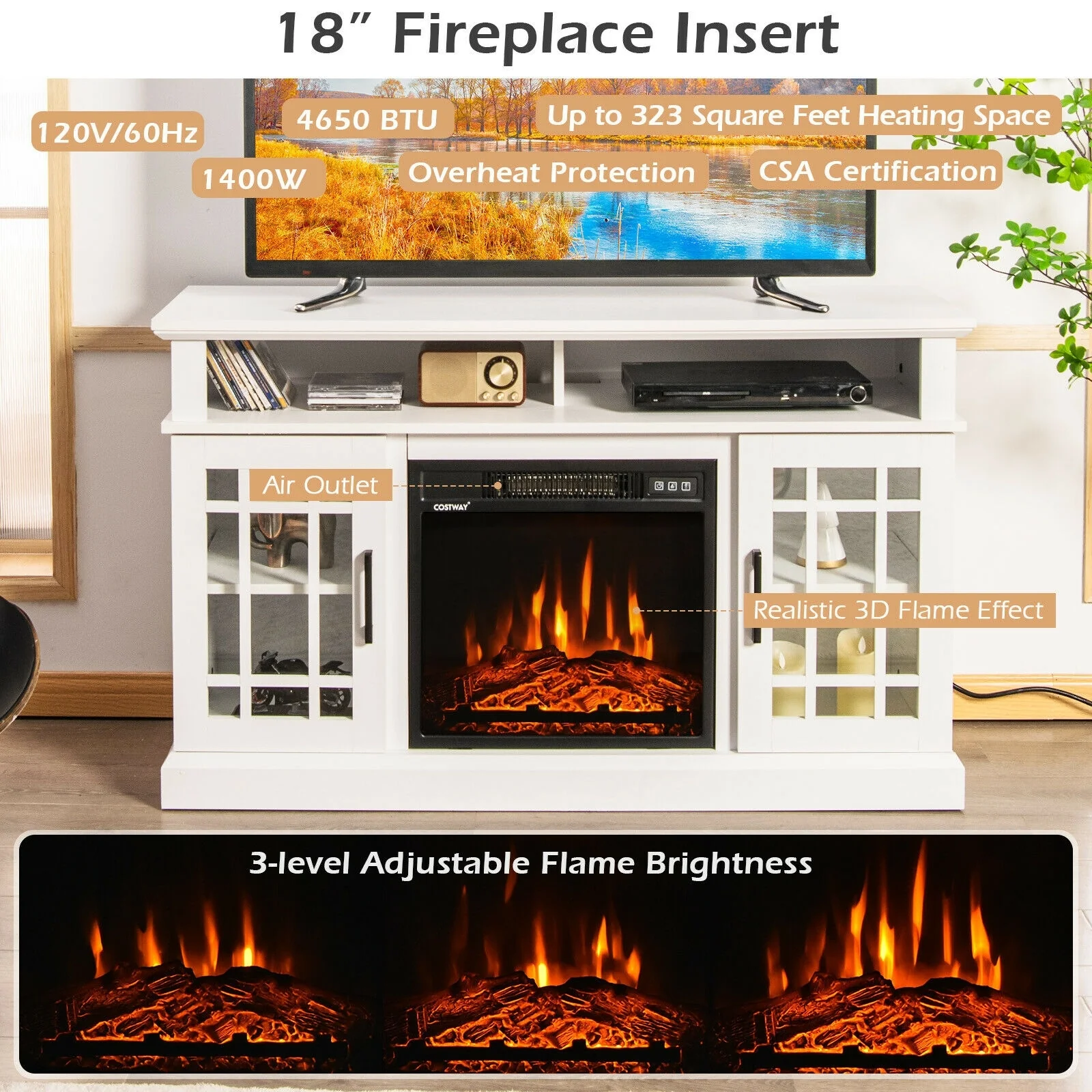 48 Inch Electric Fireplace TV Stand, For TVs Up To 50 Inch, White - Image 10