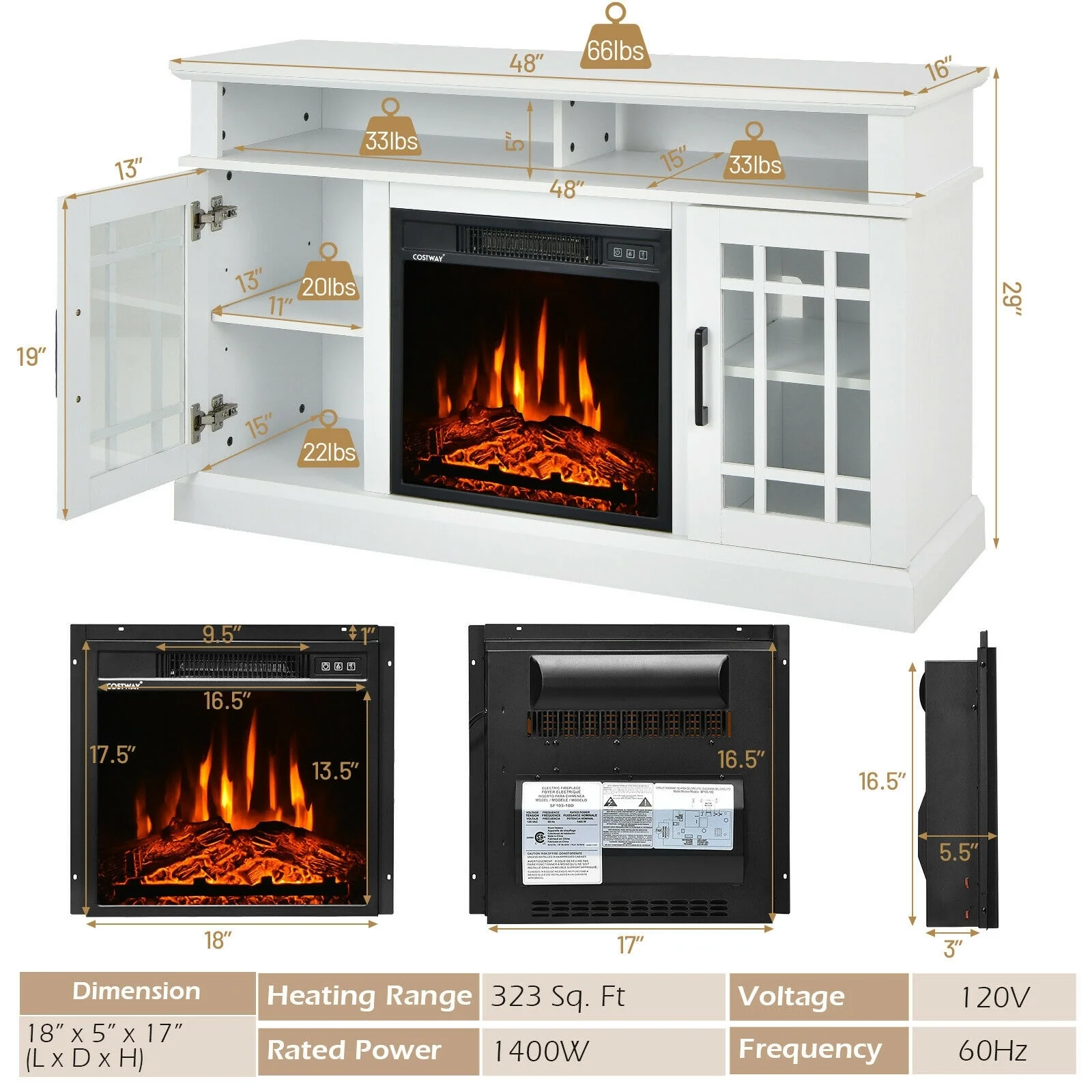 48 Inch Electric Fireplace TV Stand, For TVs Up To 50 Inch, White - Image 6