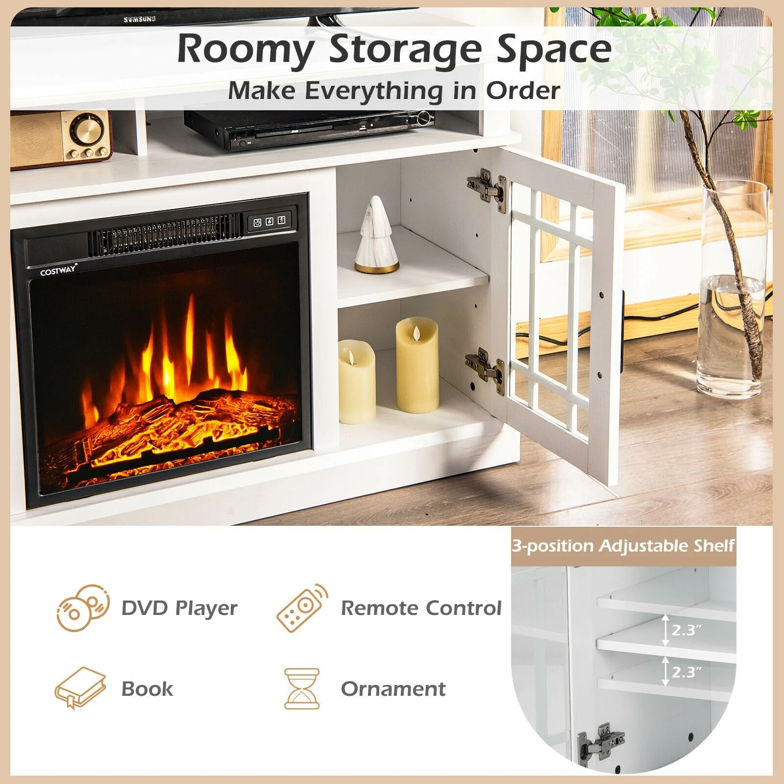 48 Inch Electric Fireplace TV Stand, For TVs Up To 50 Inch, White - Image 7