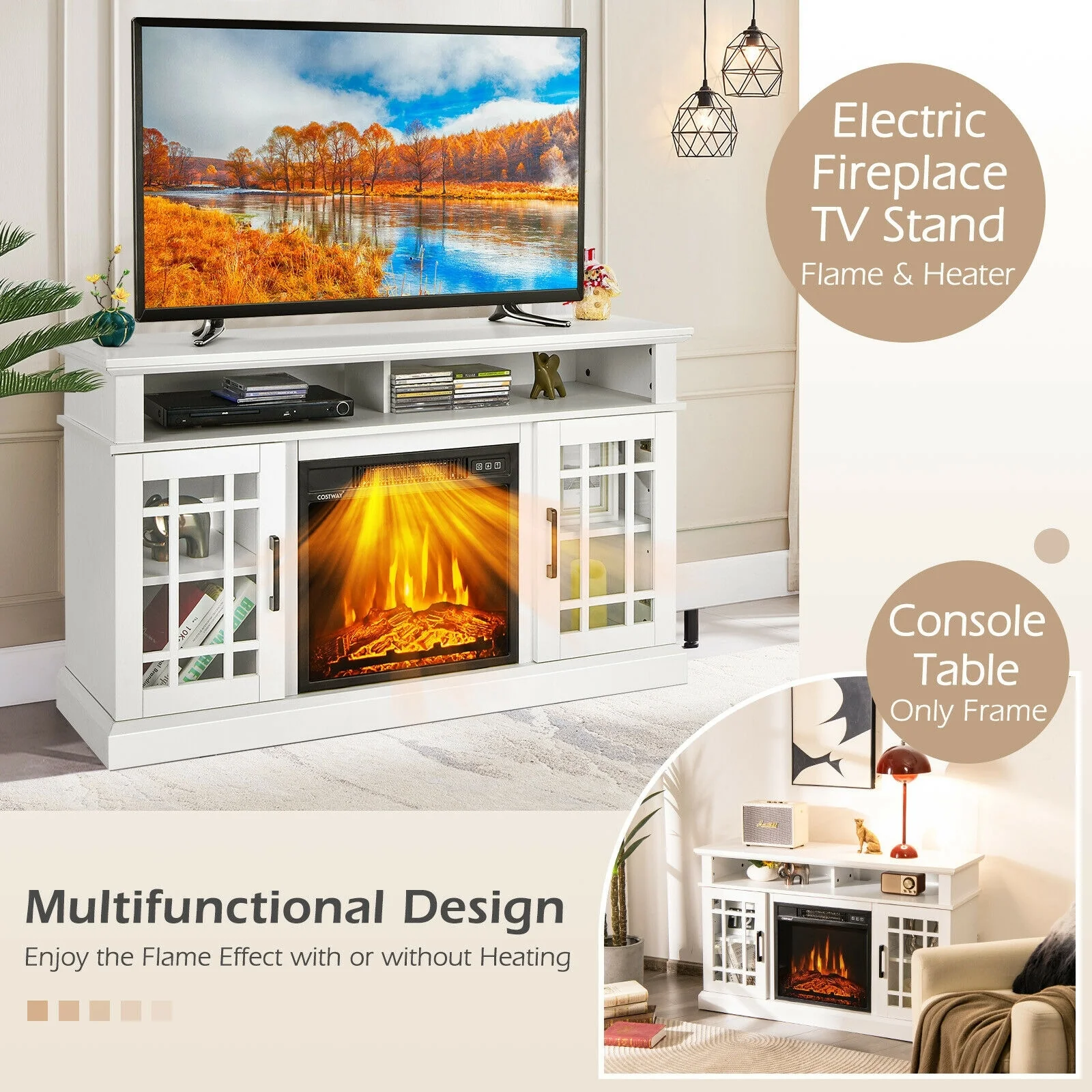 48 Inch Electric Fireplace TV Stand, For TVs Up To 50 Inch, White - Image 8