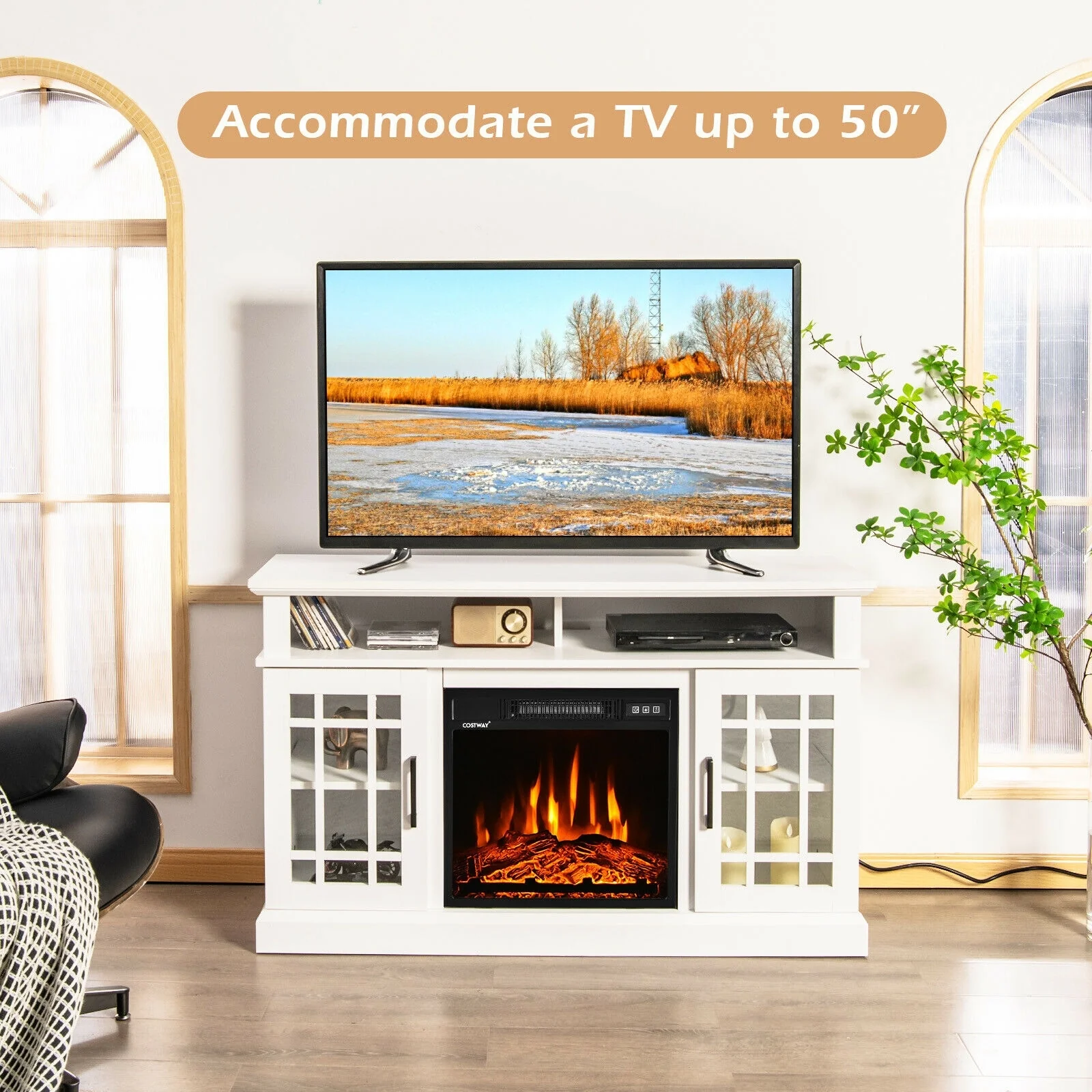 48 Inch Electric Fireplace TV Stand, For TVs Up To 50 Inch, White - Image 9