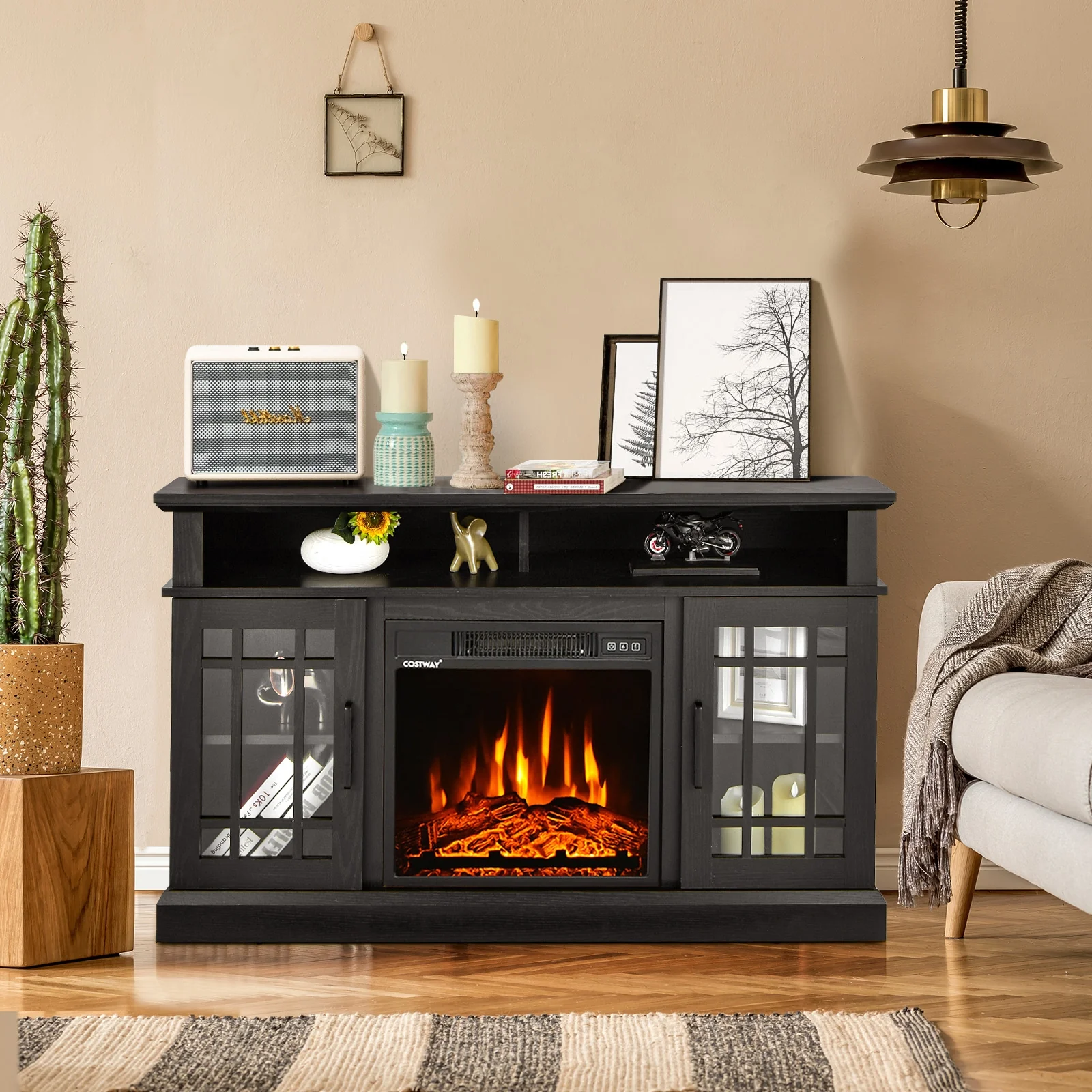 48 Inch Electric Fireplace TV Stand, For TVs Up To 55 Inch, Black - Image 2