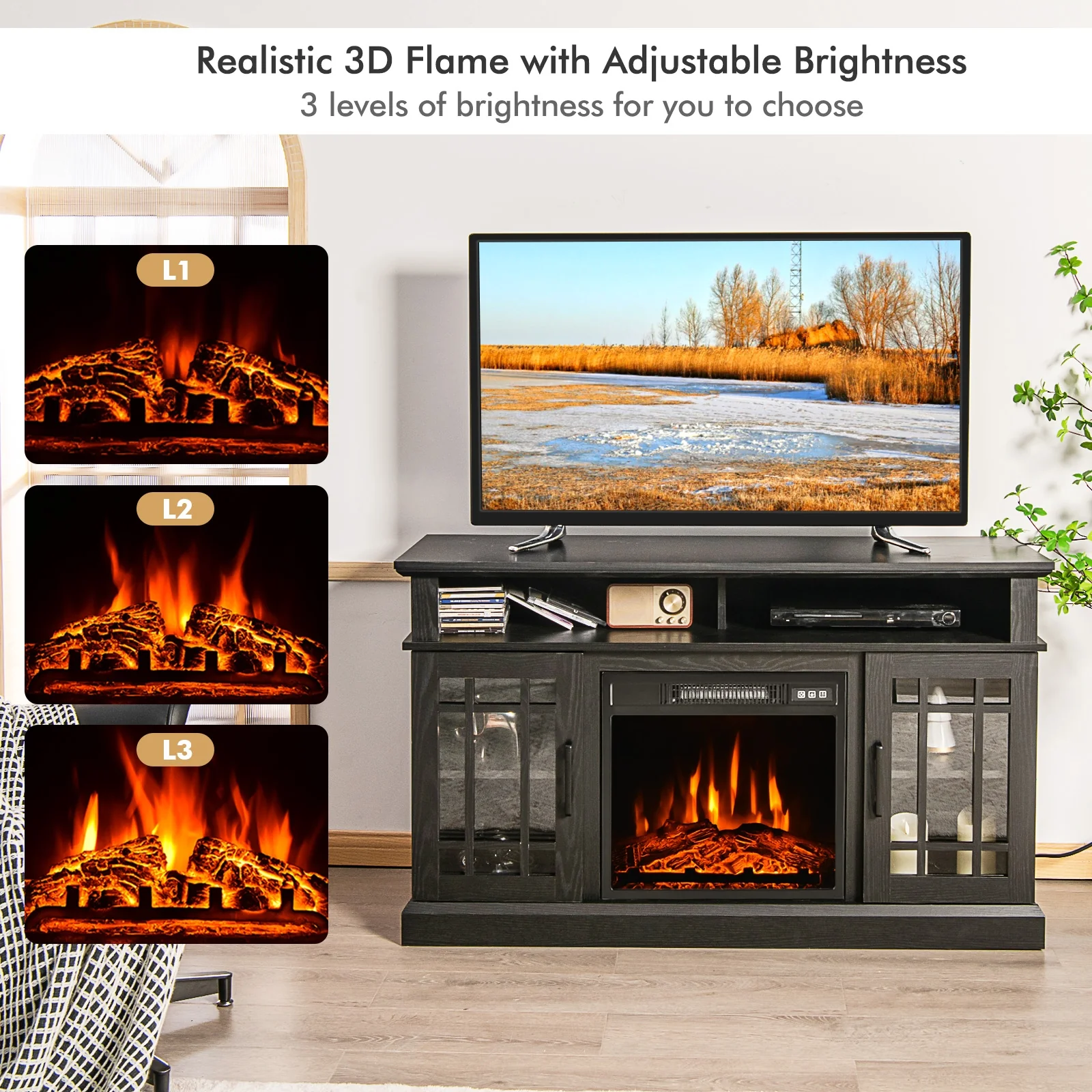 48 Inch Electric Fireplace TV Stand, For TVs Up To 55 Inch, Black - Image 3