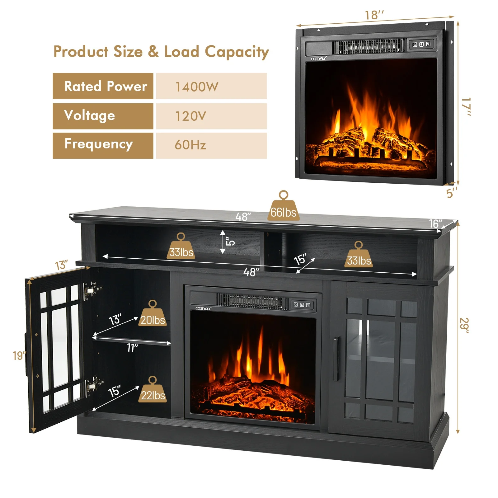 48 Inch Electric Fireplace TV Stand, For TVs Up To 55 Inch, Black - Image 6