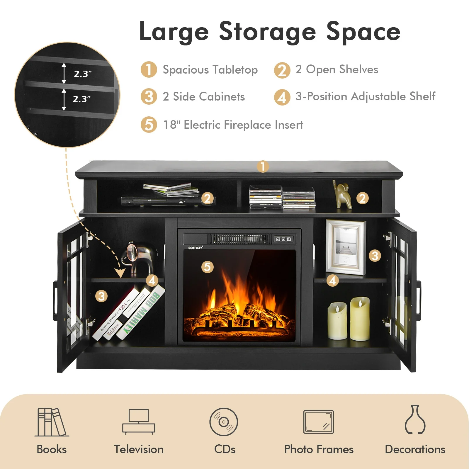 48 Inch Electric Fireplace TV Stand, For TVs Up To 55 Inch, Black - Image 7