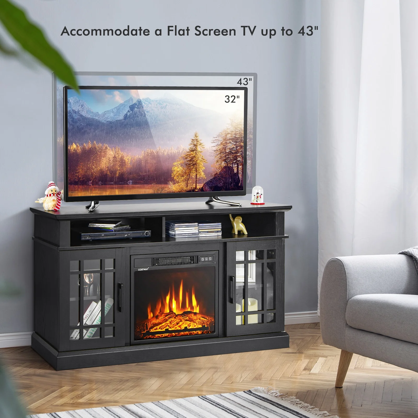 48 Inch Electric Fireplace TV Stand, For TVs Up To 55 Inch, Black - Image 8