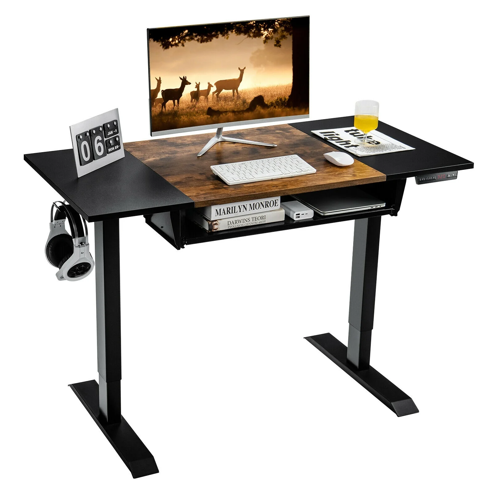 48 Inch Electric Sit To Stand Desk, Keyboard Tray, Rustic Brown