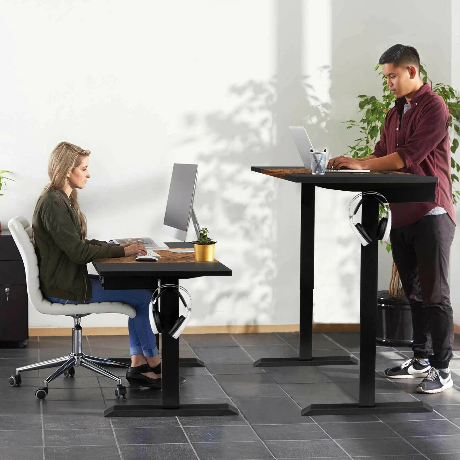 48 Inch Electric Sit To Stand Desk, Keyboard Tray, Rustic Brown - Image 2