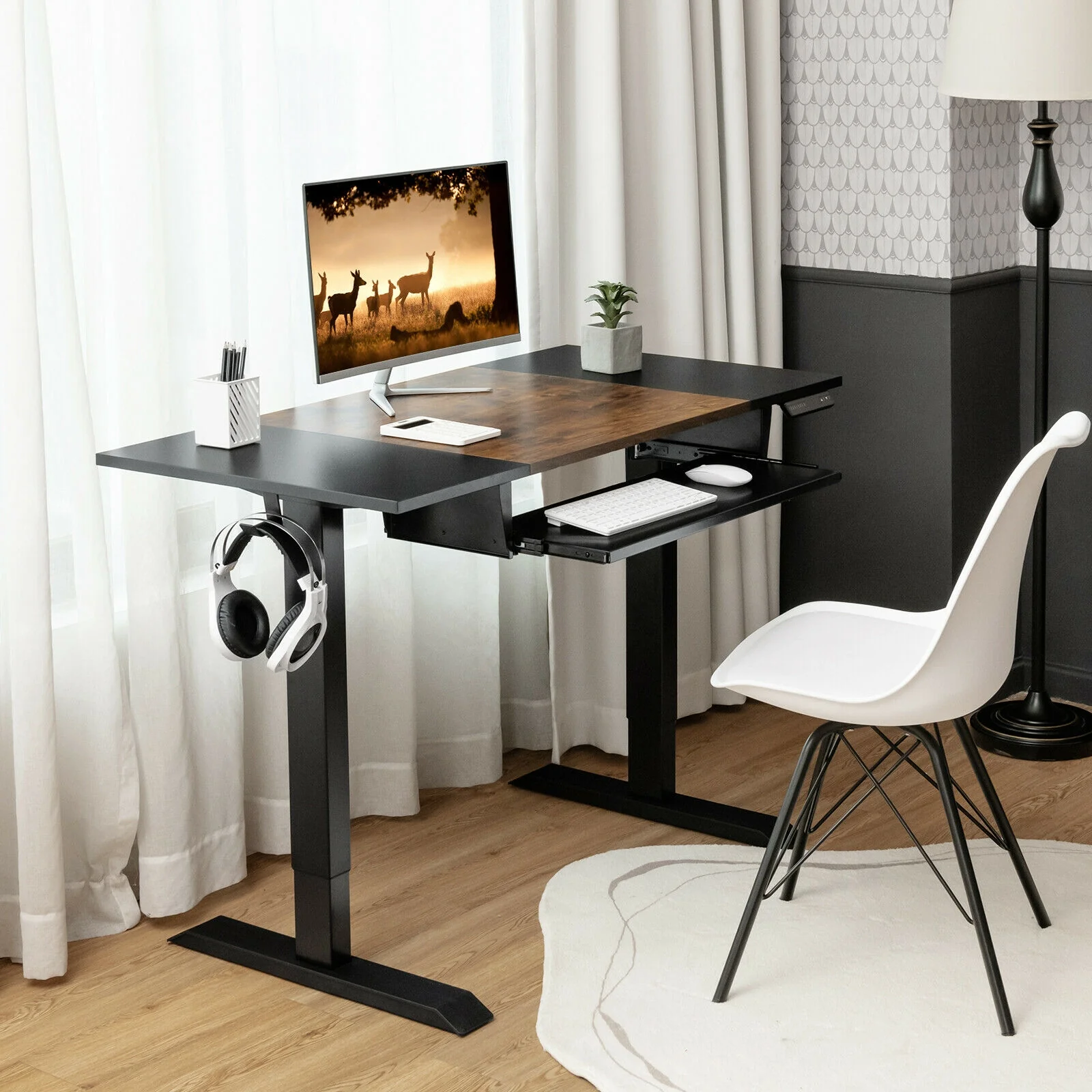 48 Inch Electric Sit To Stand Desk, Keyboard Tray, Rustic Brown - Image 7
