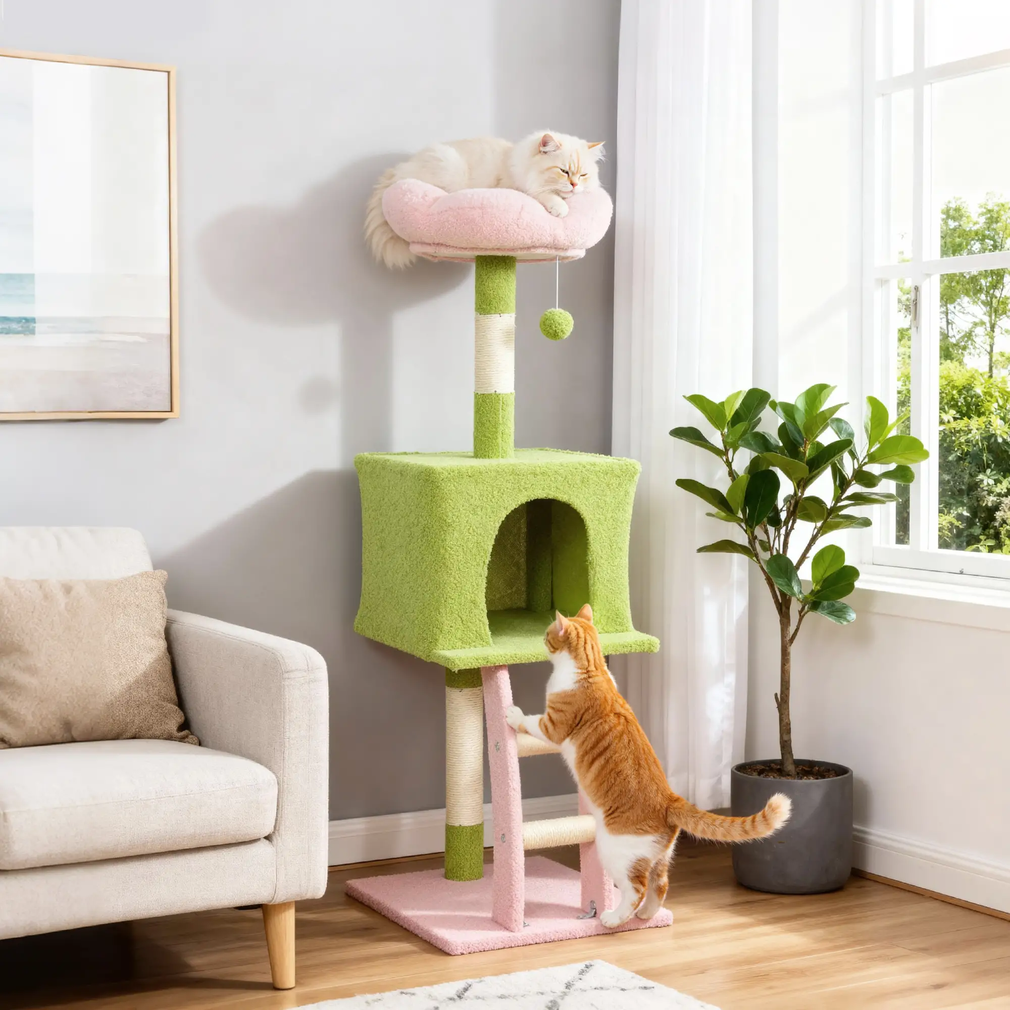 48 Inch Flower Cat Tree, Scratching Post, Cozy Bed, Condo, Green - Image 2