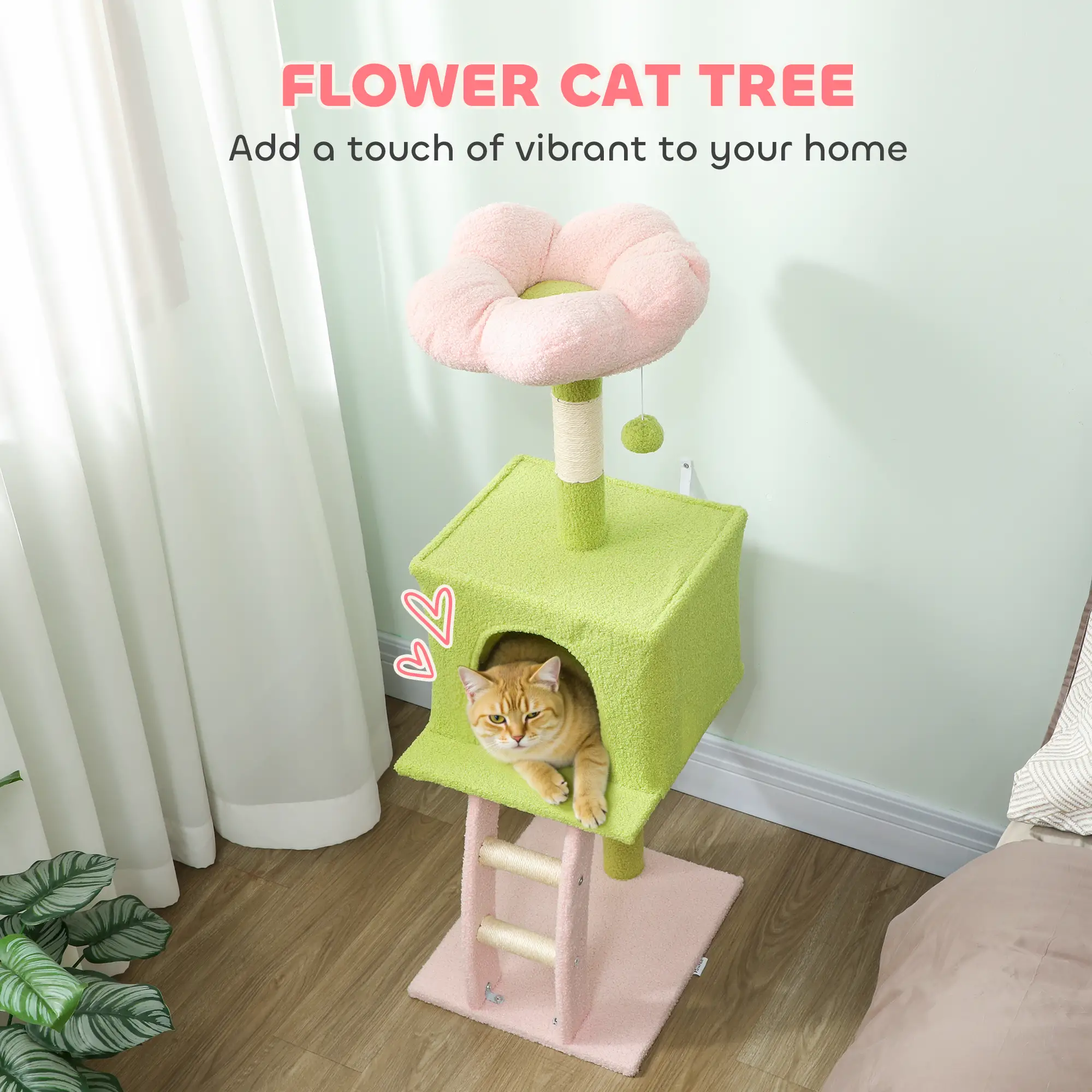 48 Inch Flower Cat Tree, Scratching Post, Cozy Bed, Condo, Green - Image 4