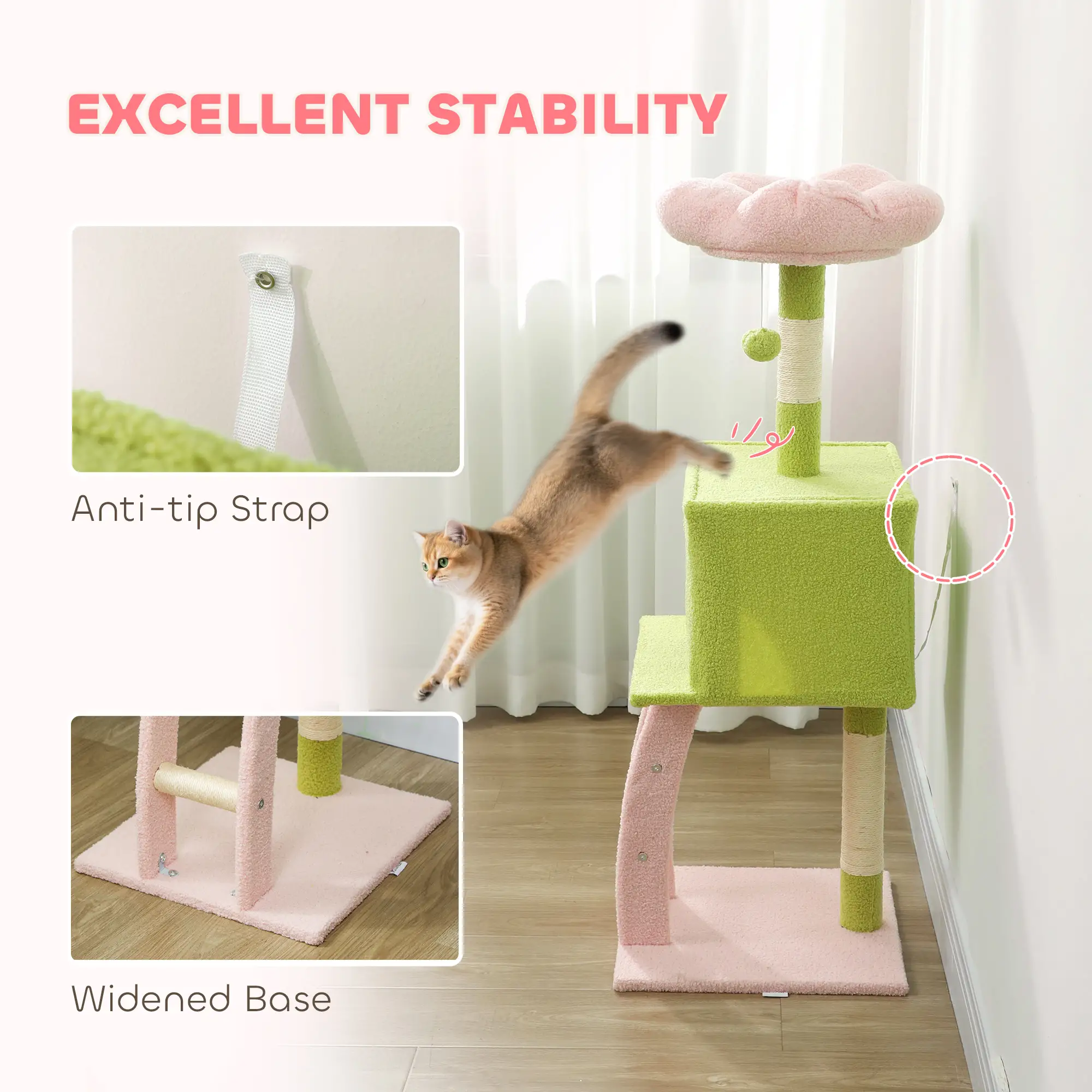 48 Inch Flower Cat Tree, Scratching Post, Cozy Bed, Condo, Green - Image 7