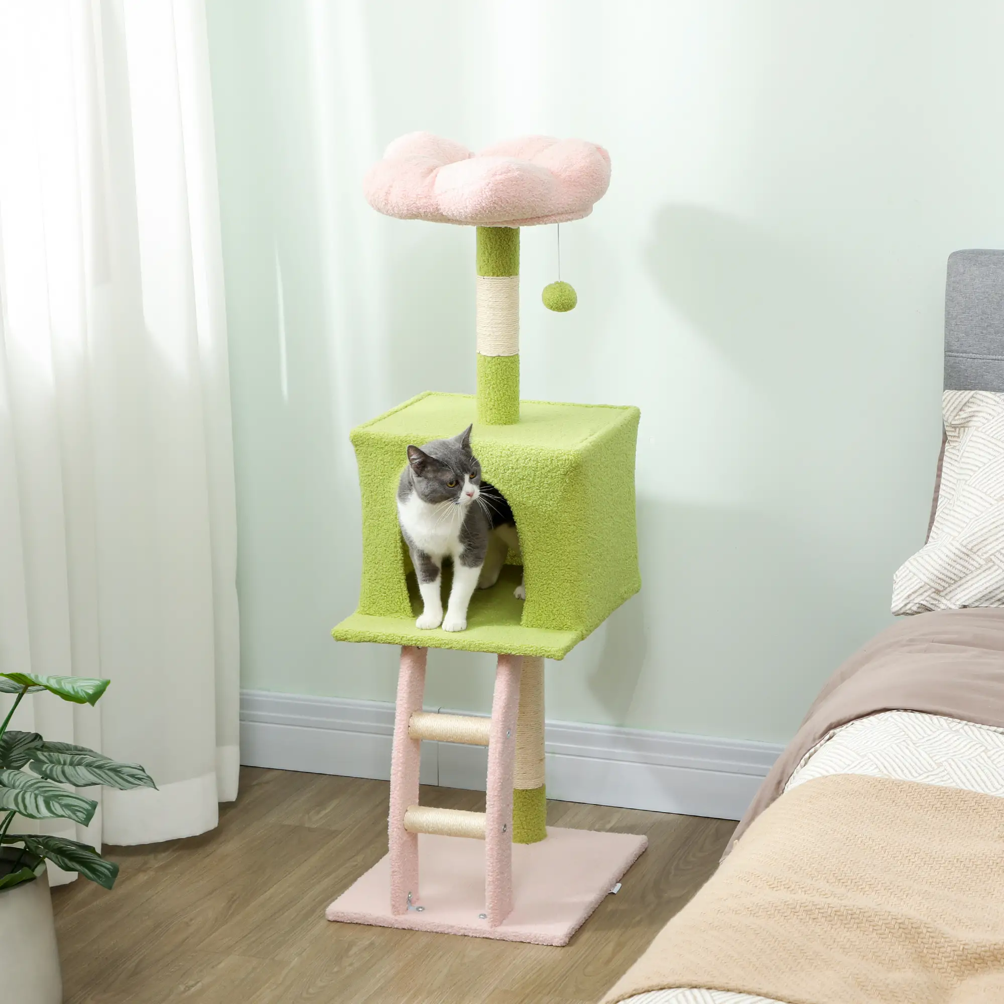 48 Inch Flower Cat Tree, Scratching Post, Cozy Bed, Condo, Green - Image 8