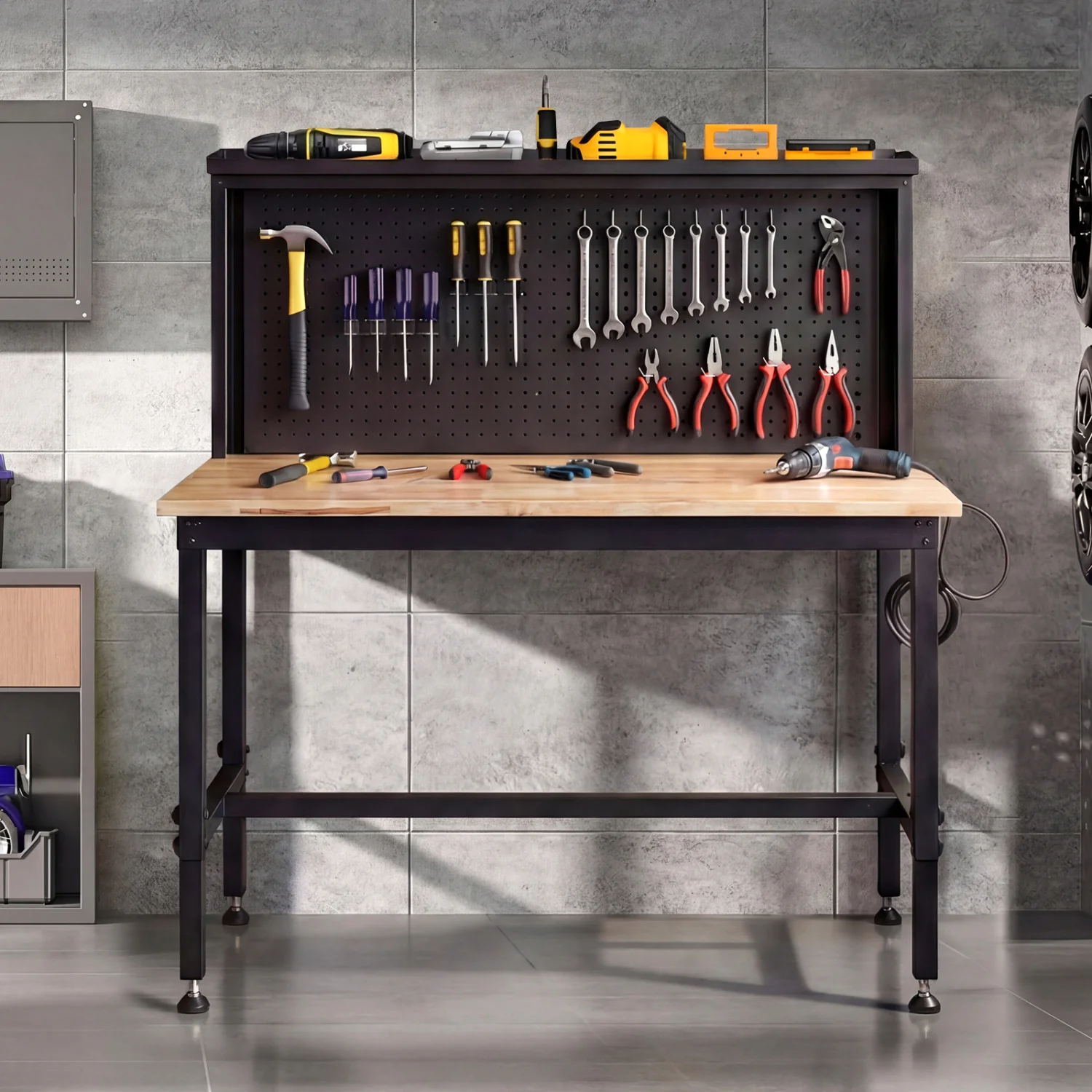48 Inch Heavy Duty Workbench With AC USB Outlets, Pegboard, Natural - Image 3