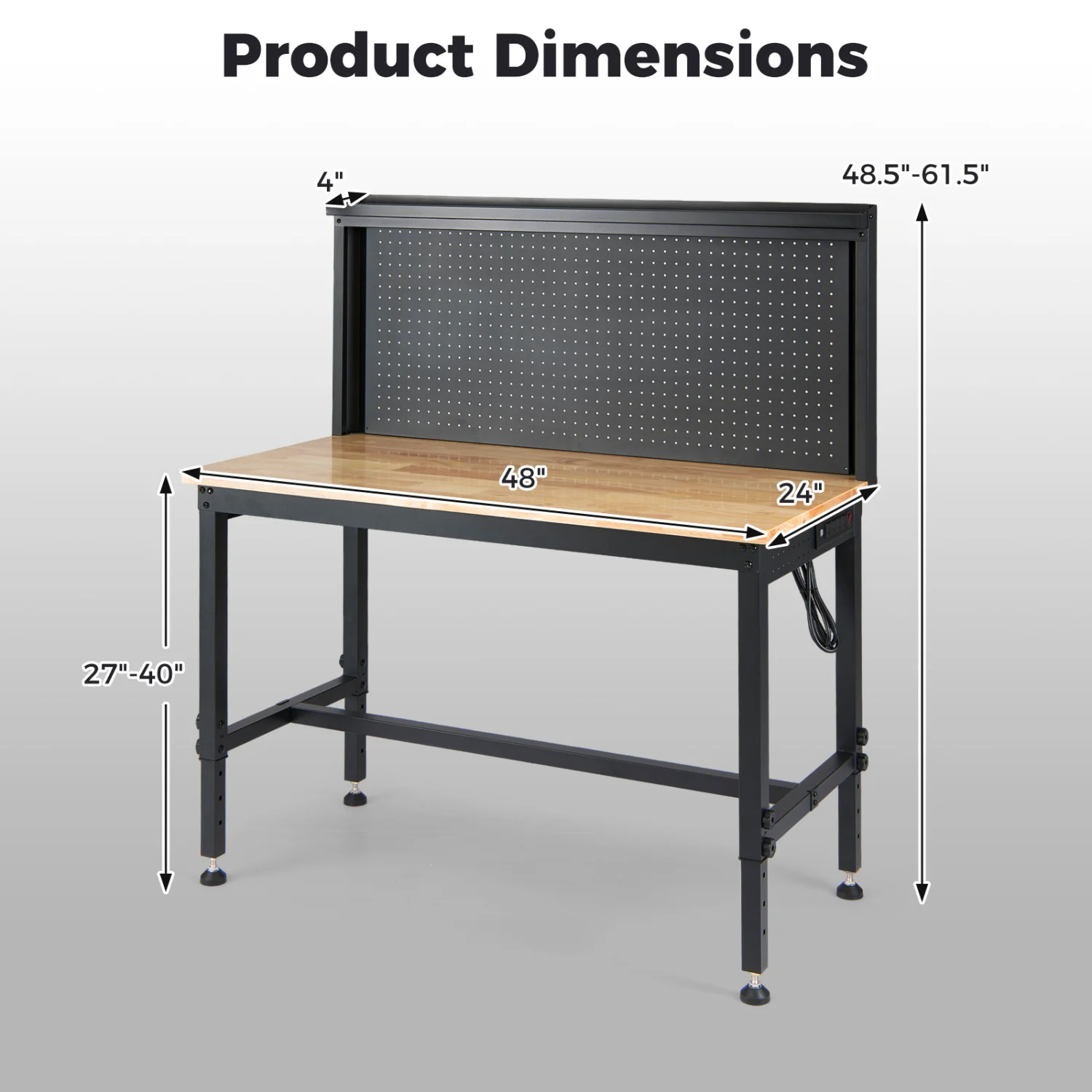 48 Inch Heavy Duty Workbench With AC USB Outlets, Pegboard, Natural - Image 6