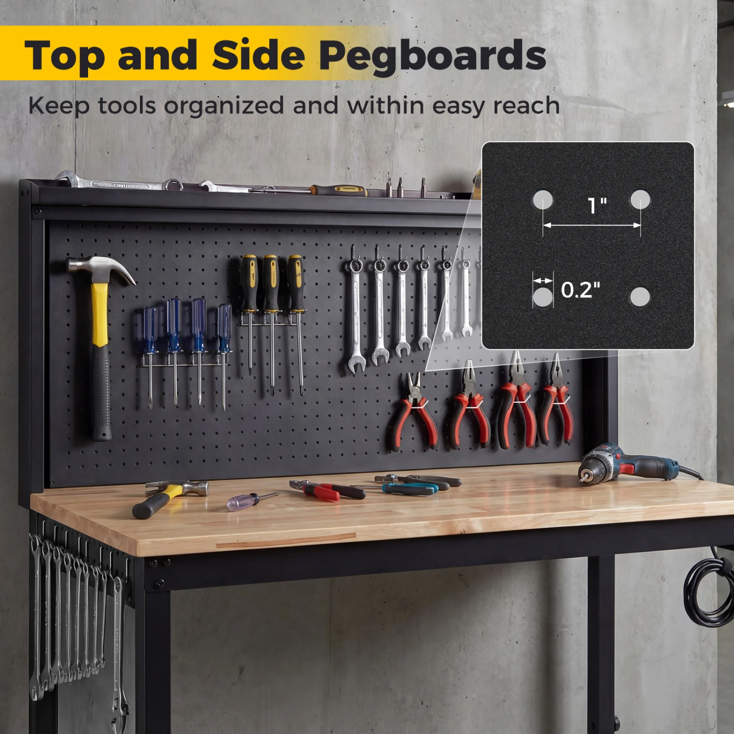48 Inch Heavy Duty Workbench With AC USB Outlets, Pegboard, Natural - Image 8