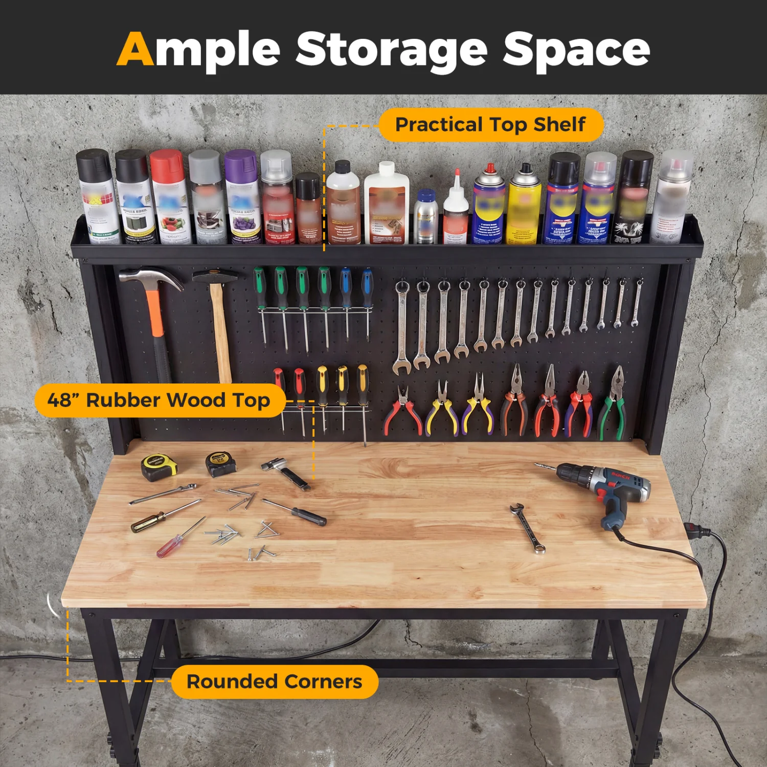 48 Inch Heavy Duty Workbench With AC USB Outlets, Pegboard, Natural - Image 9