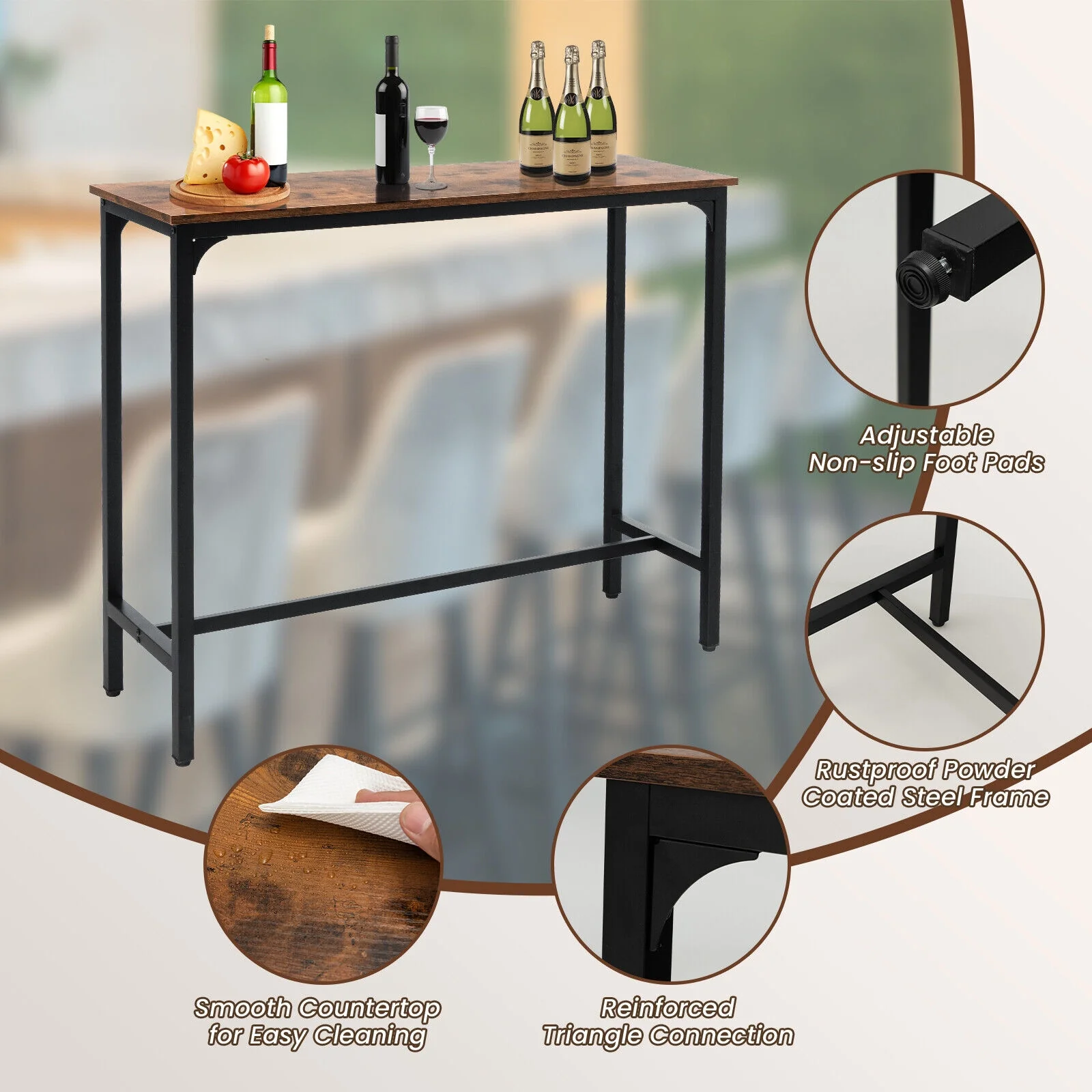 48 Inch Industrial Pub Dining Table, Steel Frame, Rustic Brown - Image 10