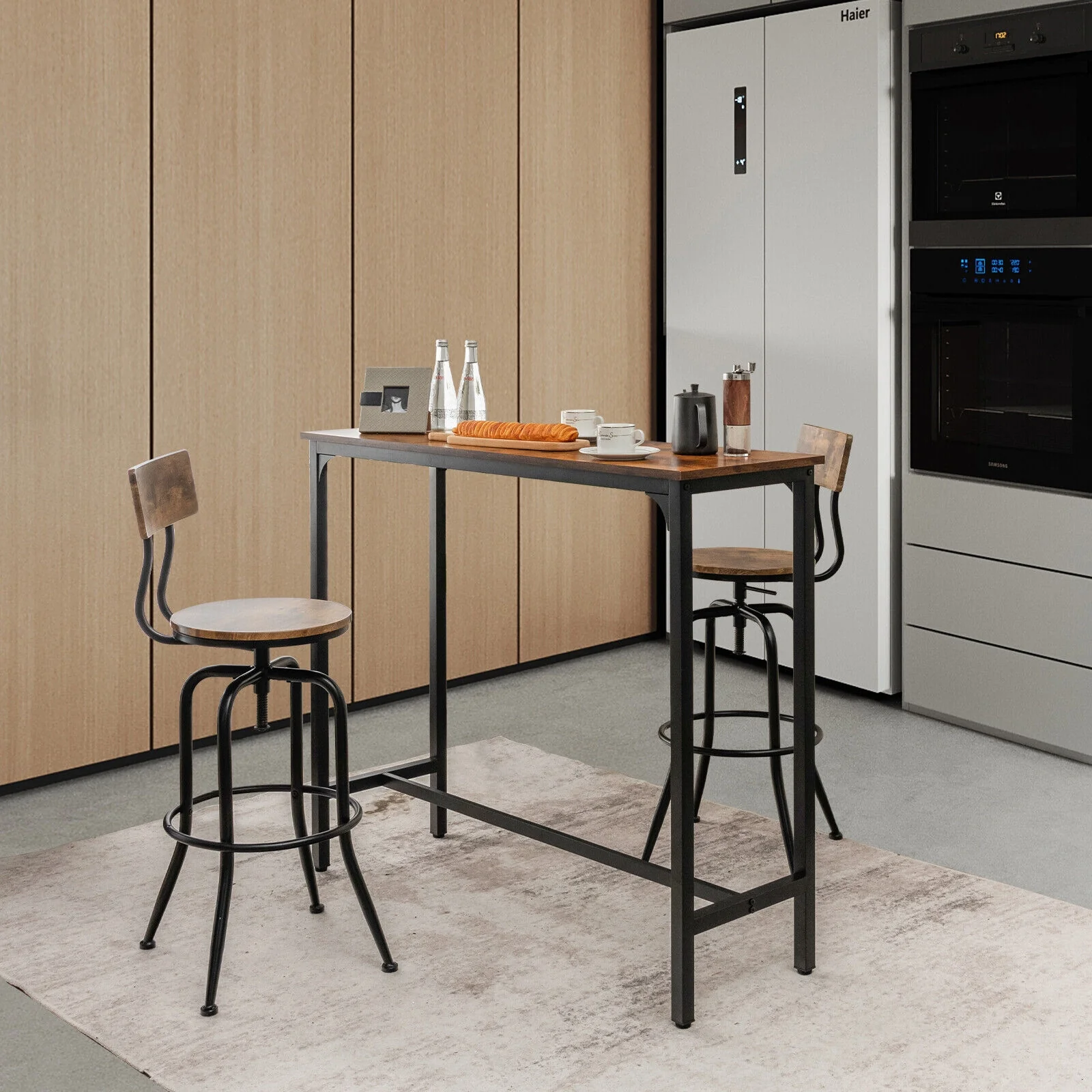 48 Inch Industrial Pub Dining Table, Steel Frame, Rustic Brown - Image 2