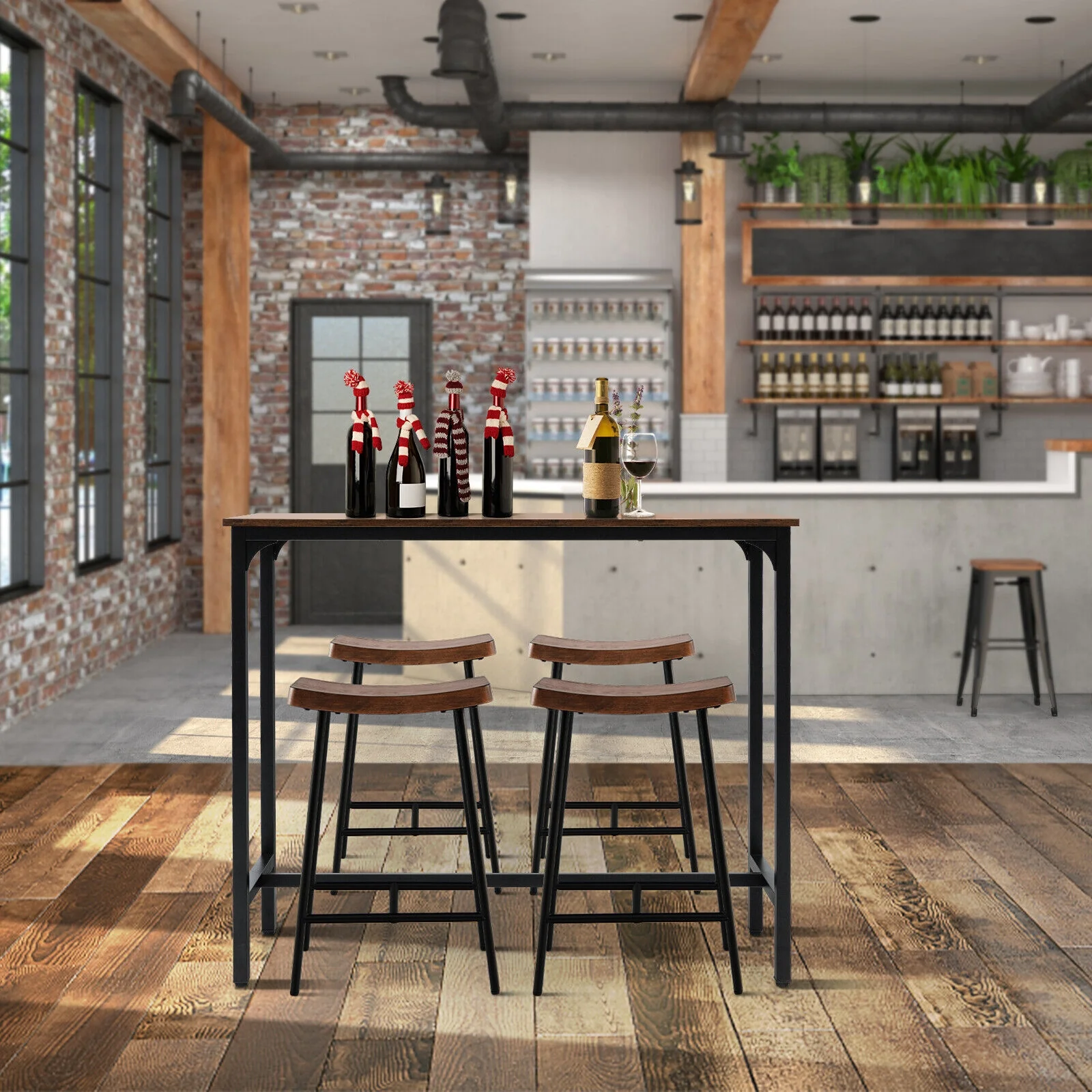 48 Inch Industrial Pub Dining Table, Steel Frame, Rustic Brown - Image 3