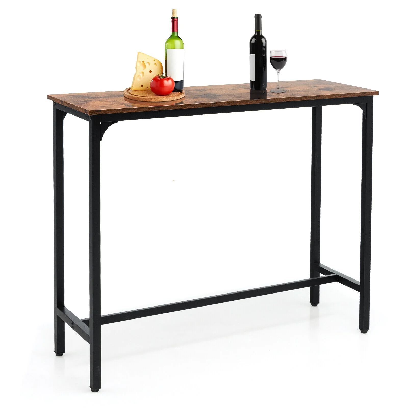 48 Inch Industrial Pub Dining Table, Steel Frame, Rustic Brown - Image 5