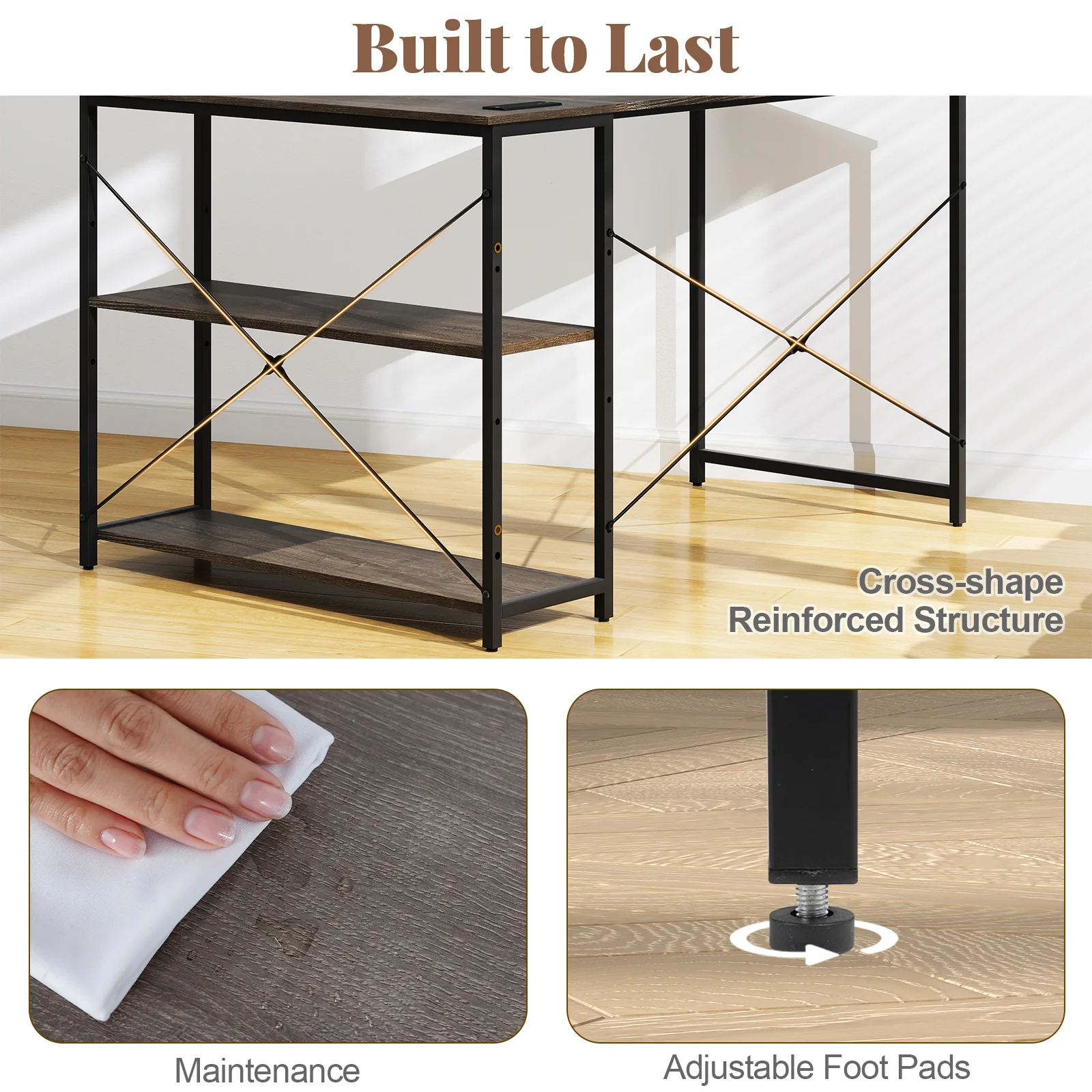 48 Inch L Shaped Computer Desk, Adjustable Shelf, Gray - Image 10