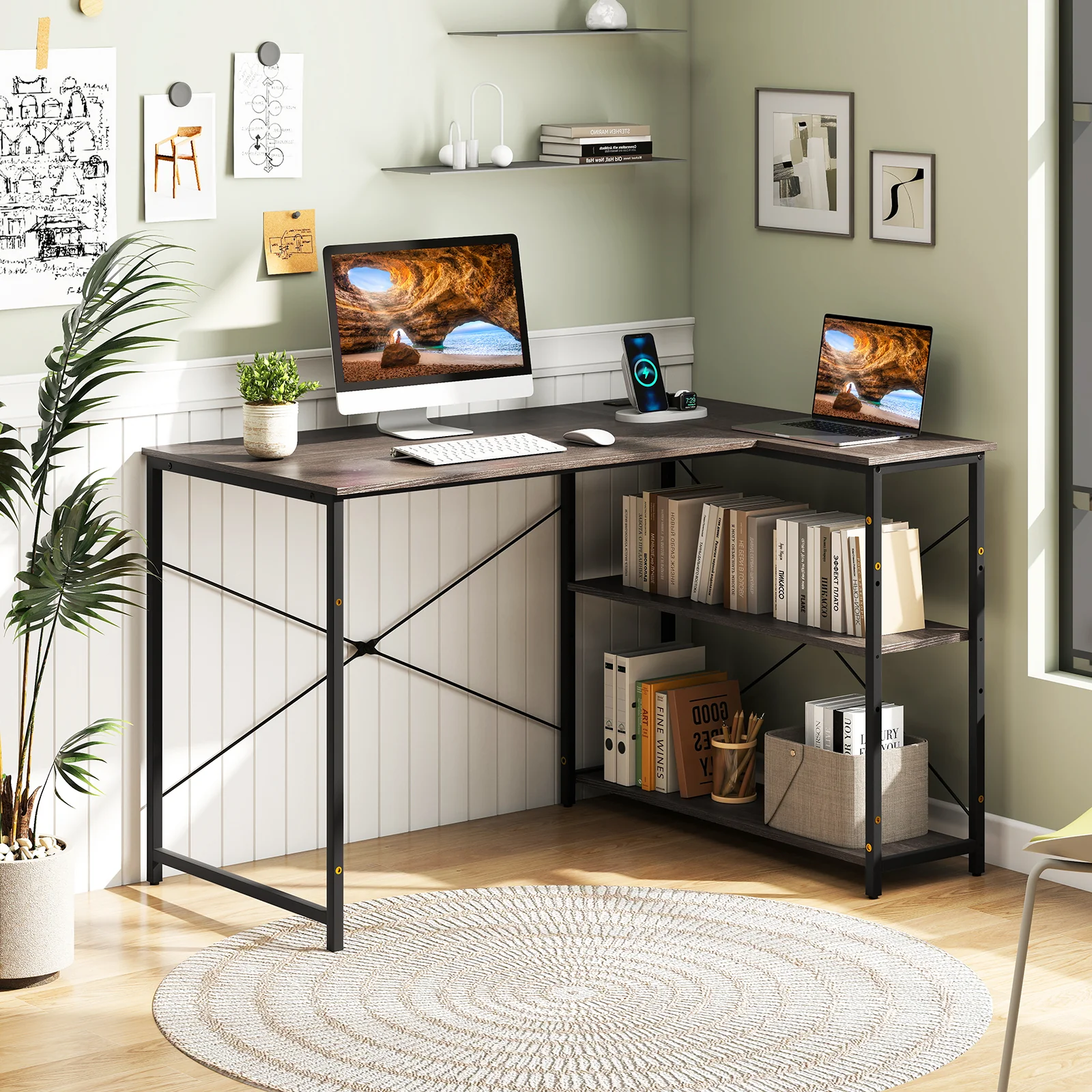 48 Inch L Shaped Computer Desk, Adjustable Shelf, Gray - Image 2