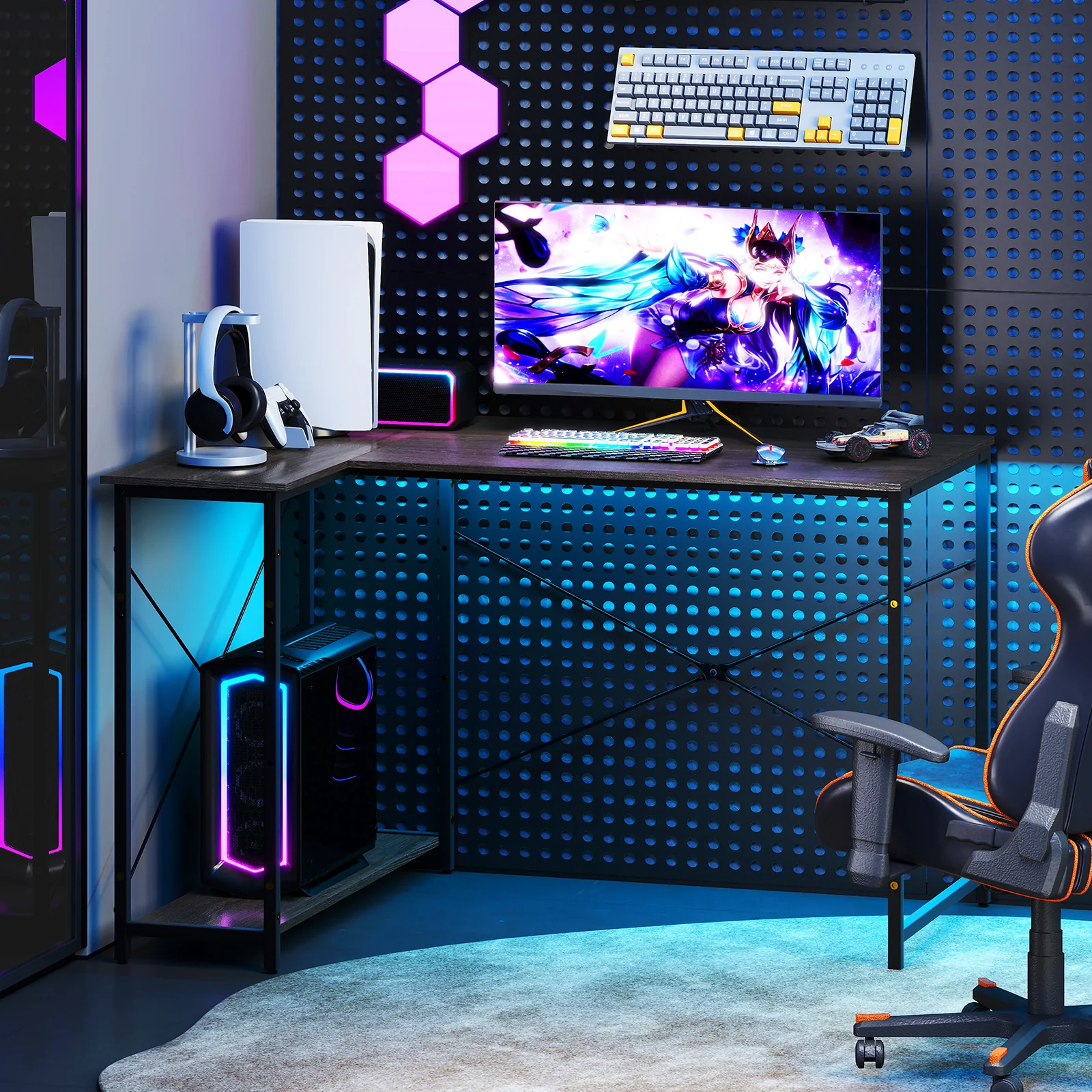 48 Inch L Shaped Computer Desk, Adjustable Shelf, Gray - Image 3