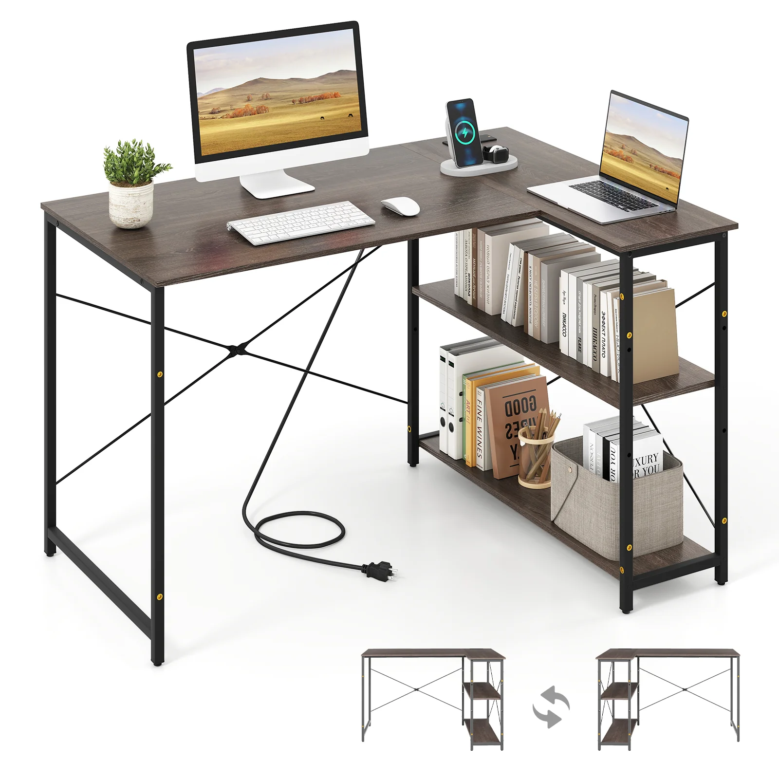 48 Inch L Shaped Computer Desk, Adjustable Shelf, Gray - Image 5