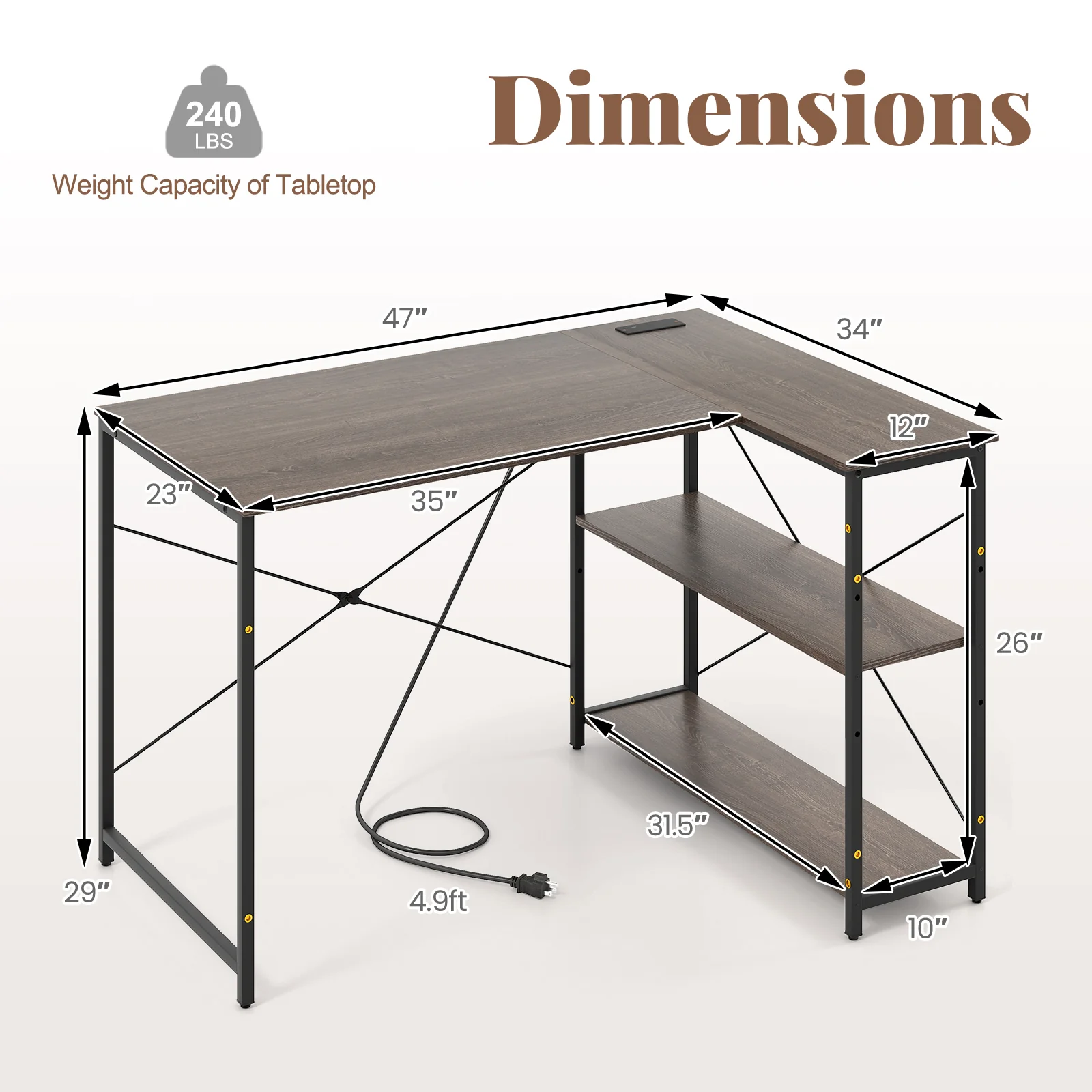 48 Inch L Shaped Computer Desk, Adjustable Shelf, Gray - Image 6