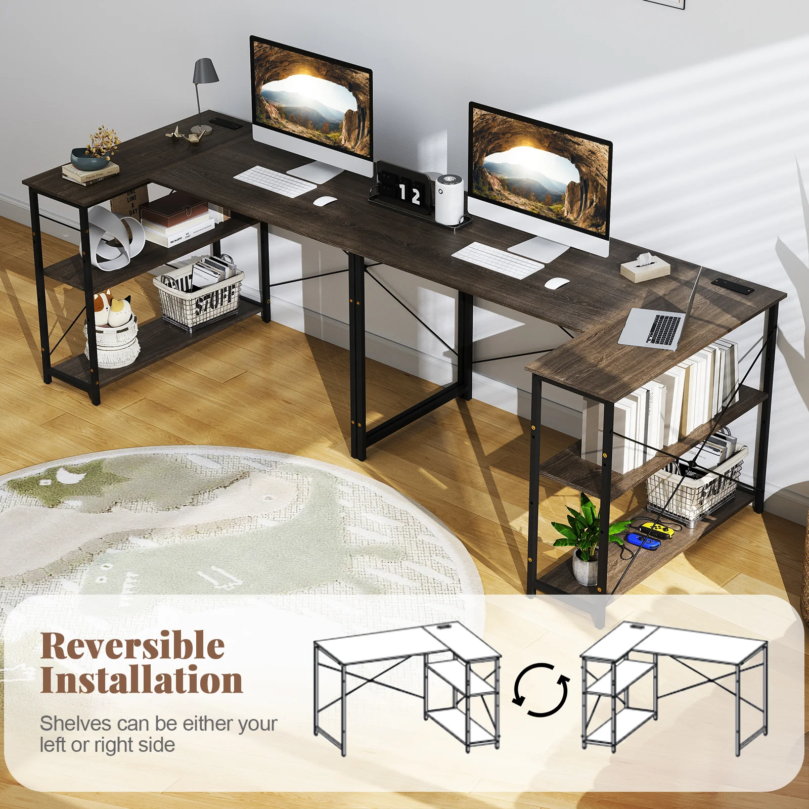 48 Inch L Shaped Computer Desk, Adjustable Shelf, Gray - Image 7