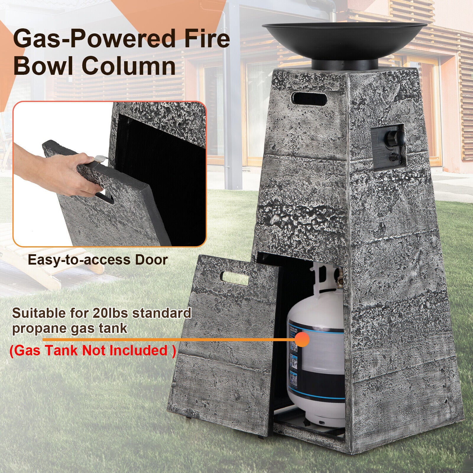 48 Inch Propane Fire Bowl Column, Lava Rocks, PVC Cover, Gray - Image 10