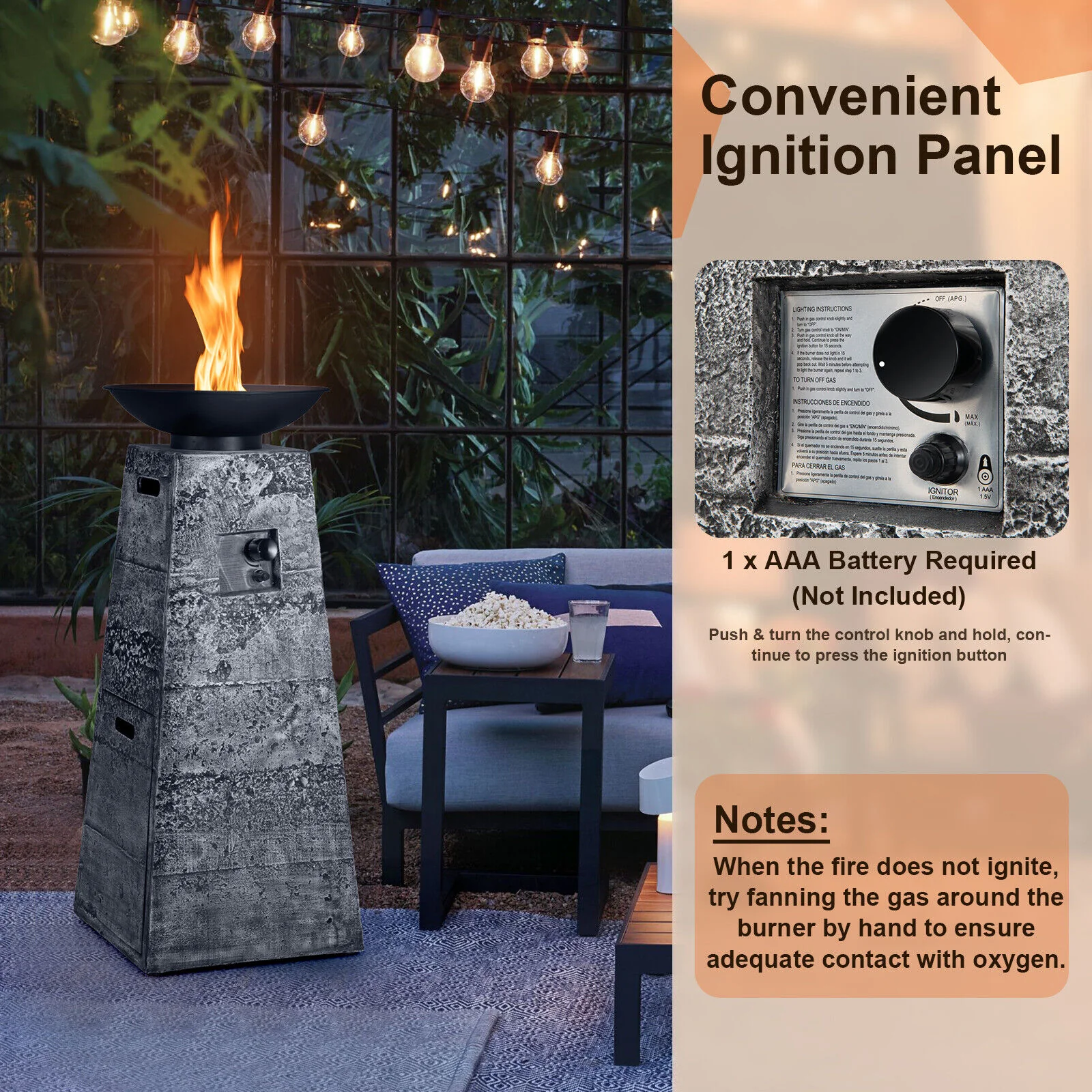 48 Inch Propane Fire Bowl Column, Lava Rocks, PVC Cover, Gray - Image 4