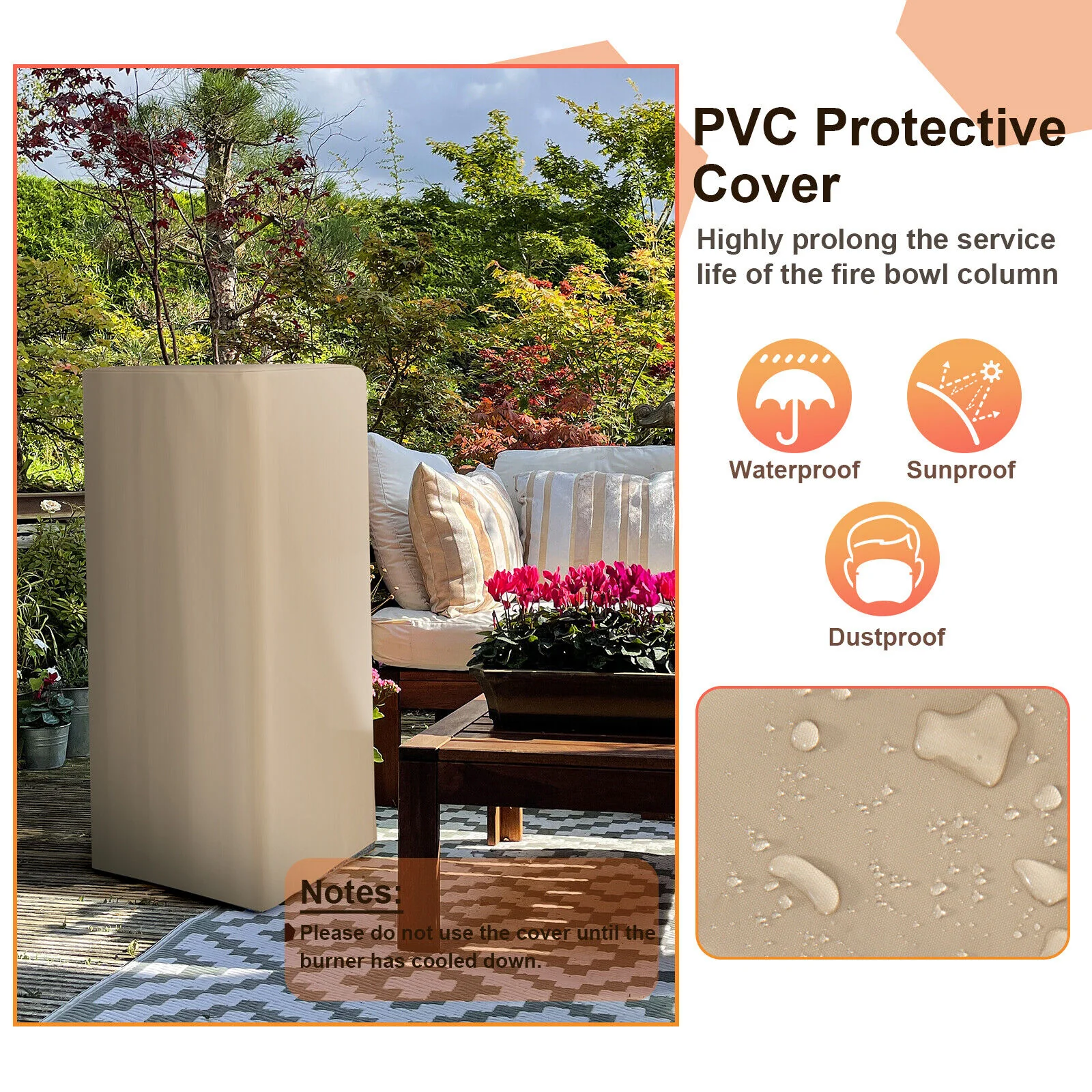 48 Inch Propane Fire Bowl Column, Lava Rocks, PVC Cover, Gray - Image 7